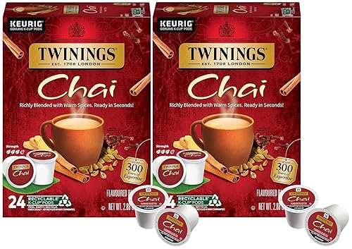 Twinings Chai Black Tea K-Cup Pods for Keurig, 24 Count (Pack of 2), Naturally Sweet and Savoury Spice Flavors, Caffeinated, Enjoy Hot or Iced