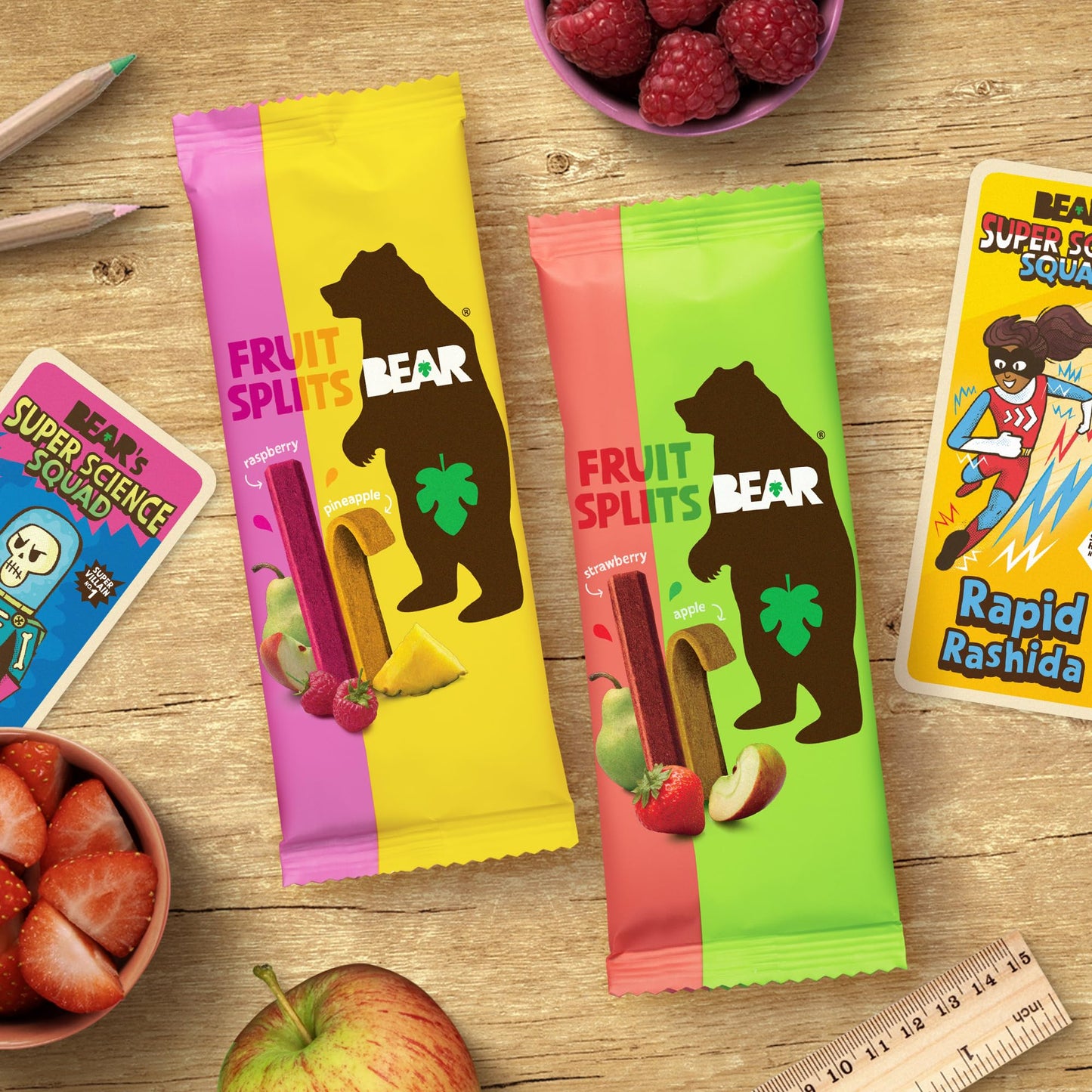 BEAR Real Fruit Snack Splits - Gluten Free, Vegan, and Non-GMO - Variety Pack (Apple/Strawberry, Raspberry/Pineapple)- Healthy School And Lunch Snacks