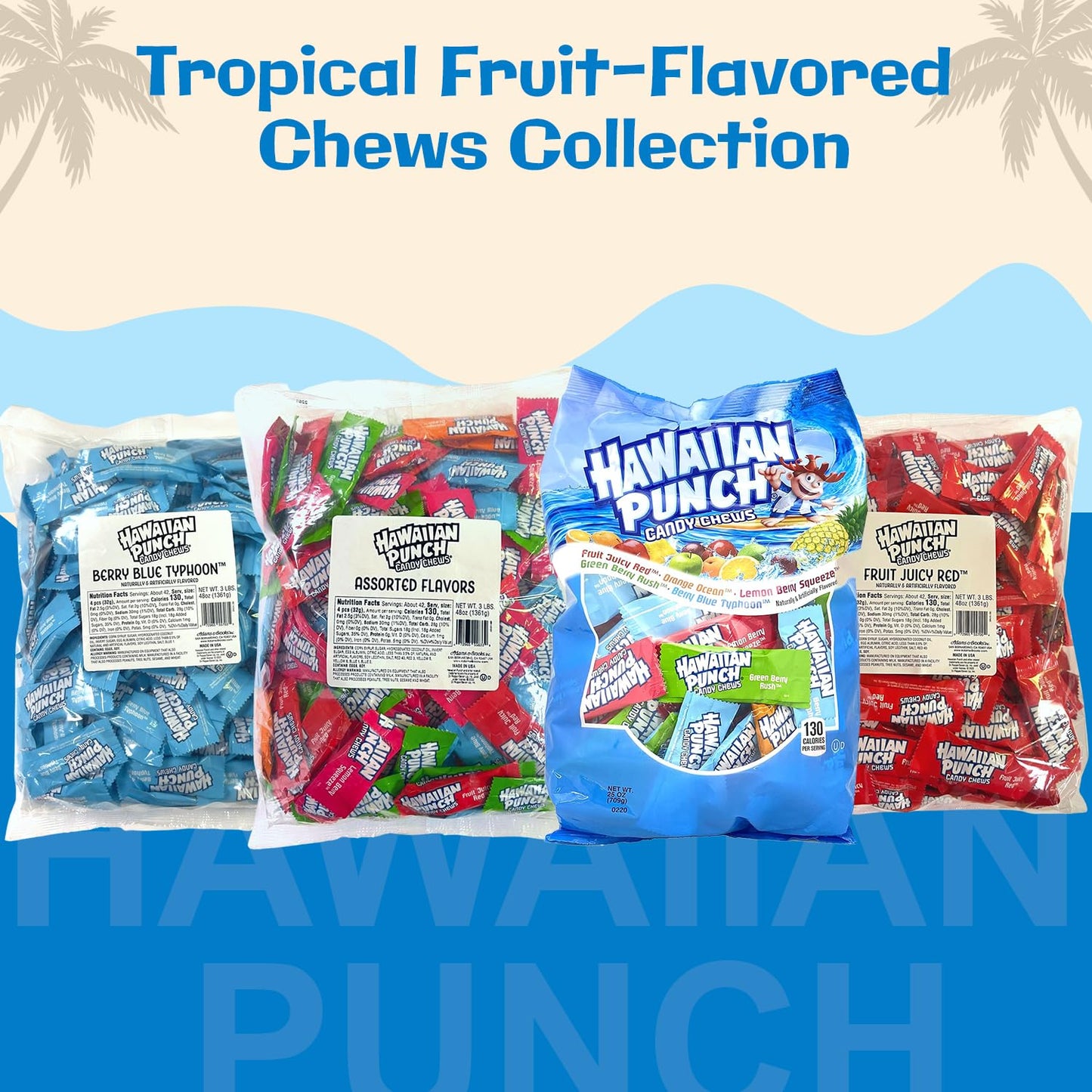 Adams & Brooks Hawaiian Punch Candy Chews (Lemon Berry Squeeze, Fruit Juicy Red, Blue Typhoon, Green Berry Rush, & Orange Ocean), Big Bag (25 oz)