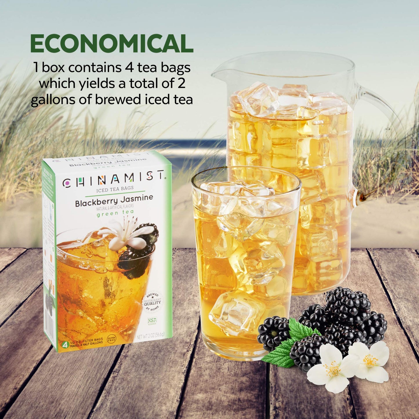 China Mist Iced Tea - Blackberry Jasmine Green Tea Infusion - Refreshing and Delicious - Each Tea Bag Yields 1/2 Gallon - 4 bags.