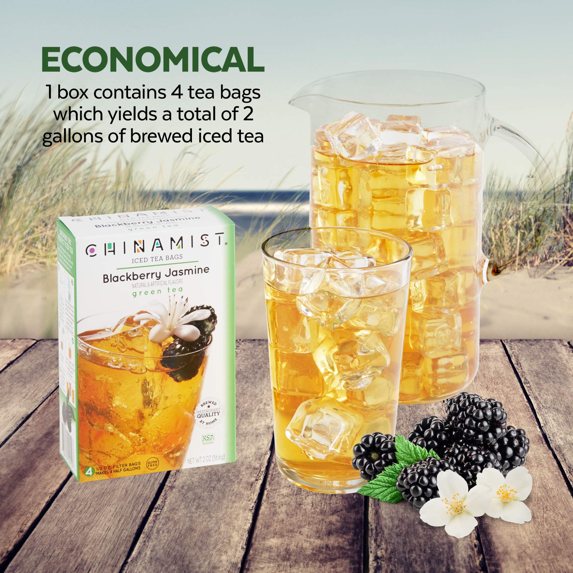 China Mist Iced Tea - Blackberry Jasmine Green Tea Infusion - Refreshing and Delicious - Each Tea Bag Yields 1/2 Gallon - 4 bags.