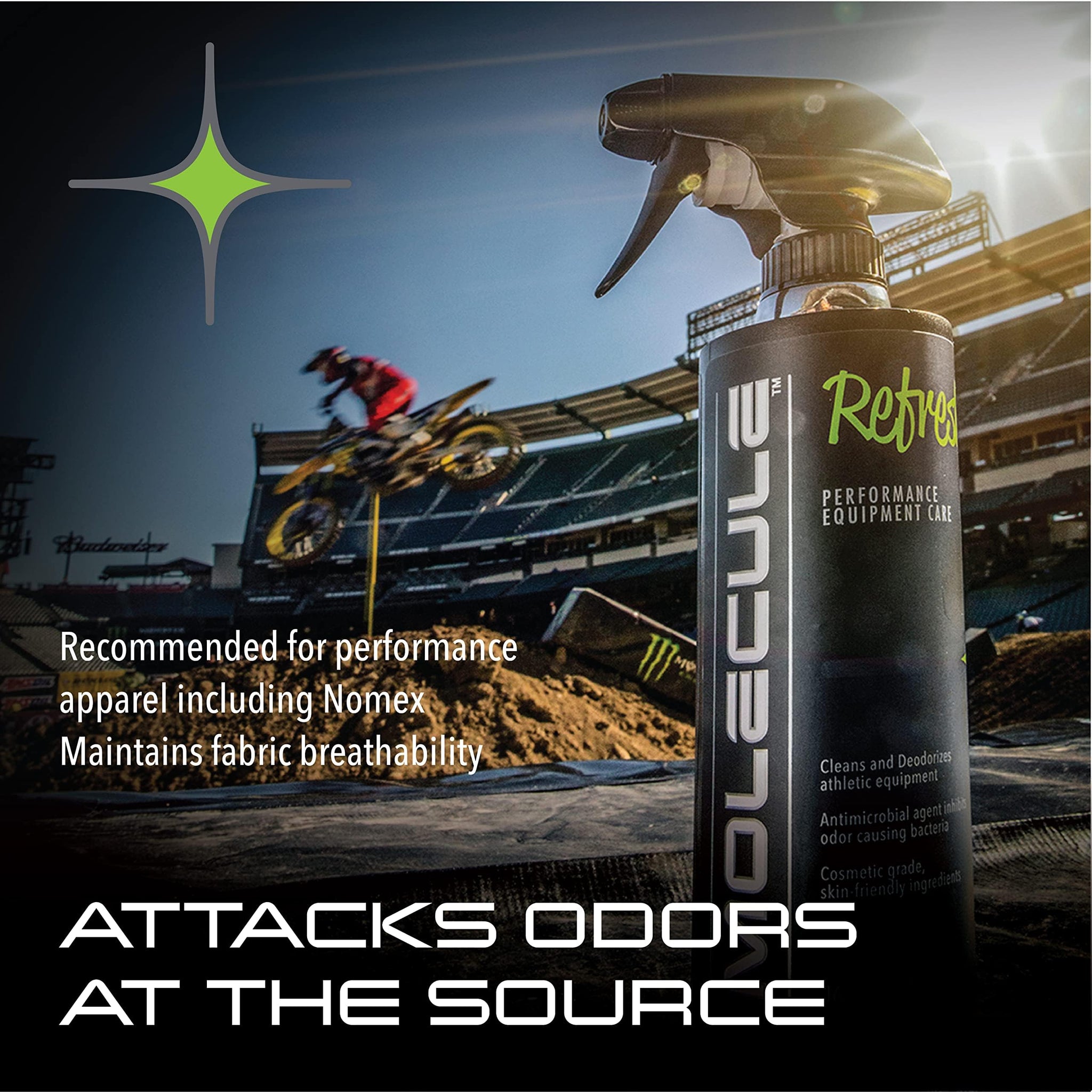 Molecule Refresh Spray | Performance Apparel Care | Cleans and Deodorizes Racing Suites & Technical Fabrics | Signature Fresh Scent | 4 Ounces
