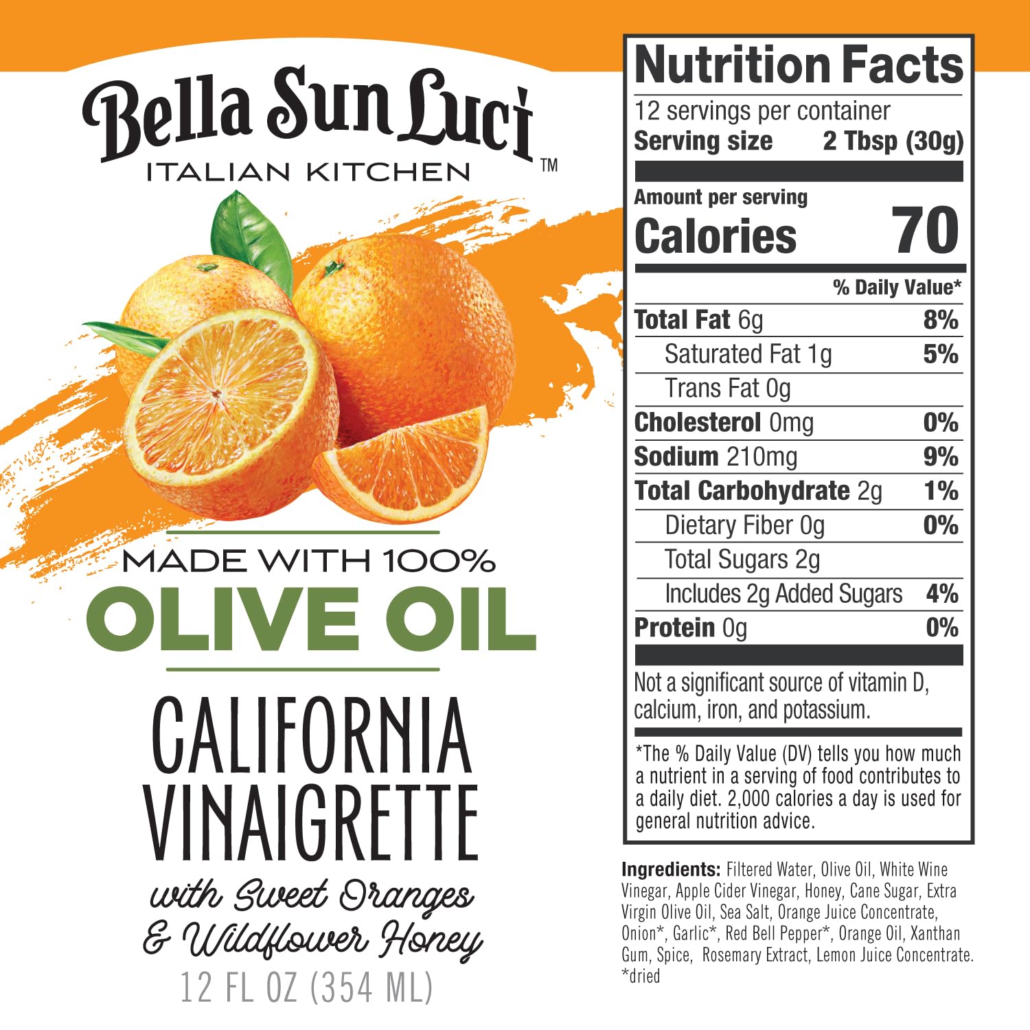 Bella Sun Luci Italian Kitchen California Vinaigrette Salad Dressing, 100% Extra Virgin Olive Oil, No Seed Oils, Gluten-Free, California Made