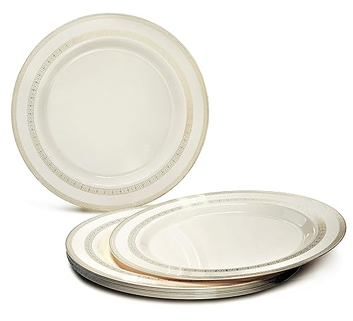 " OCCASIONS " 60 Plates Pack, Heavyweight Disposable Wedding Party Plastic Plates (6.25'' Dessert/Bread Plate, Lace Ivory & Gold)