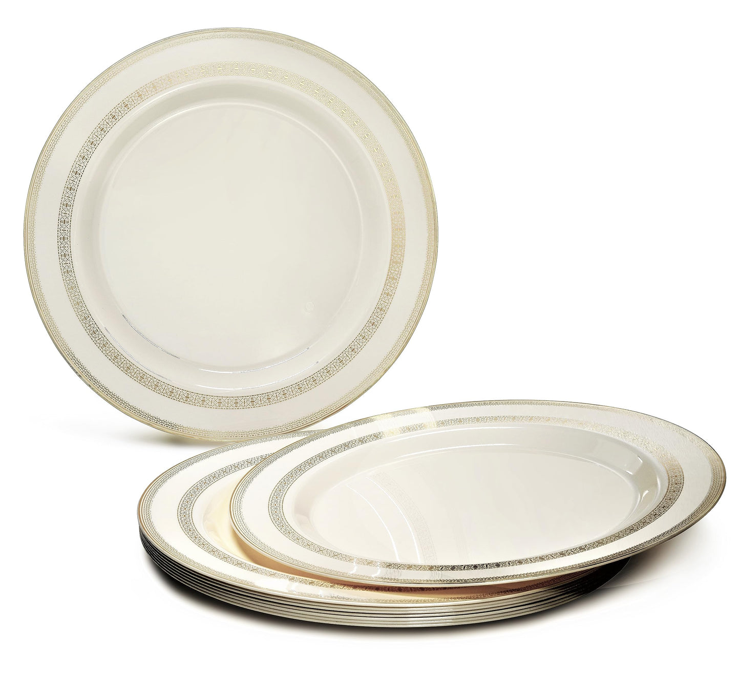 " OCCASIONS " 60 Plates Pack, Heavyweight Disposable Wedding Party Plastic Plates (6.25'' Dessert/Bread Plate, Lace Ivory & Gold)