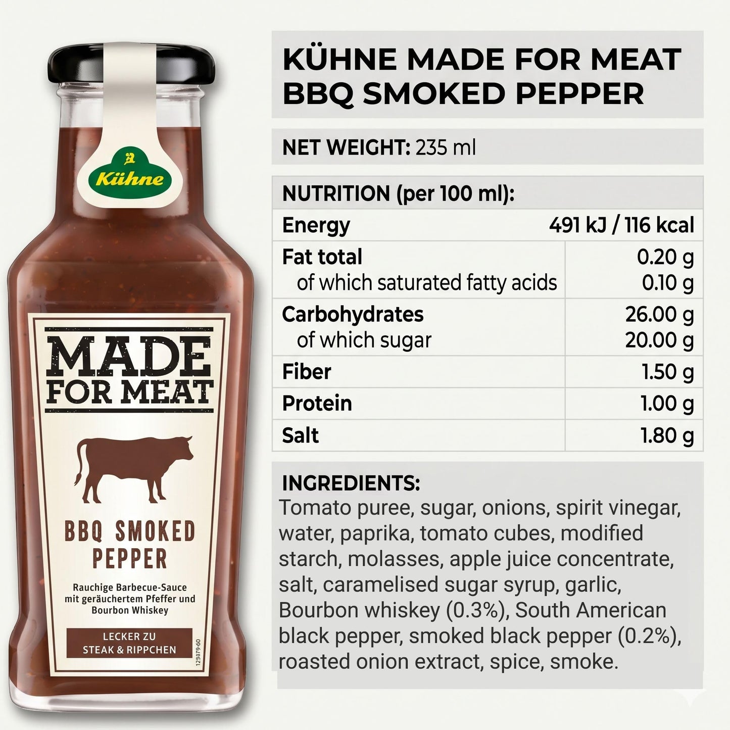 Kuhne Smoked Pepper BBQ Sauce, 8oz, Barbecue Sauce with Bourbon for Chicken Wings, Grilled Meat and Barbecues, Sweet and Smoky