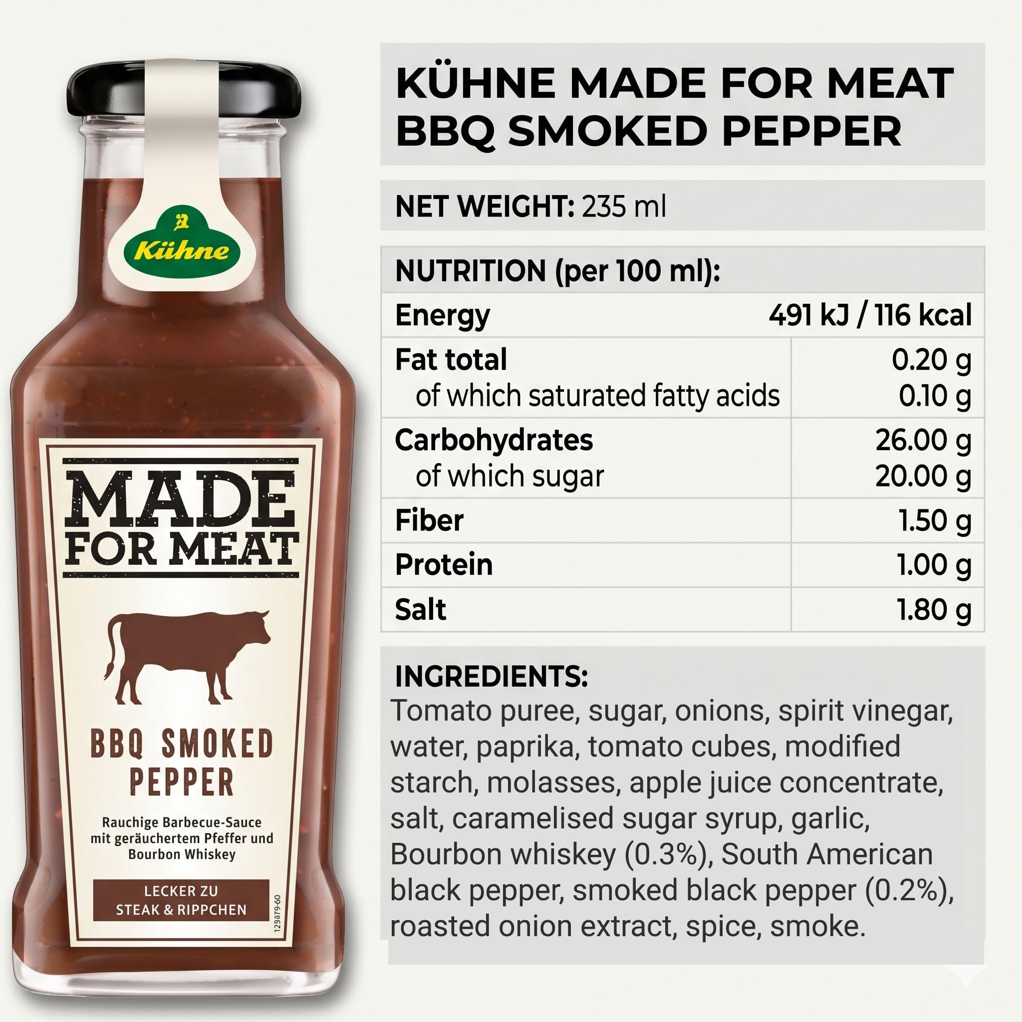Kuhne Smoked Pepper BBQ Sauce, 8oz, Barbecue Sauce with Bourbon for Chicken Wings, Grilled Meat and Barbecues, Sweet and Smoky