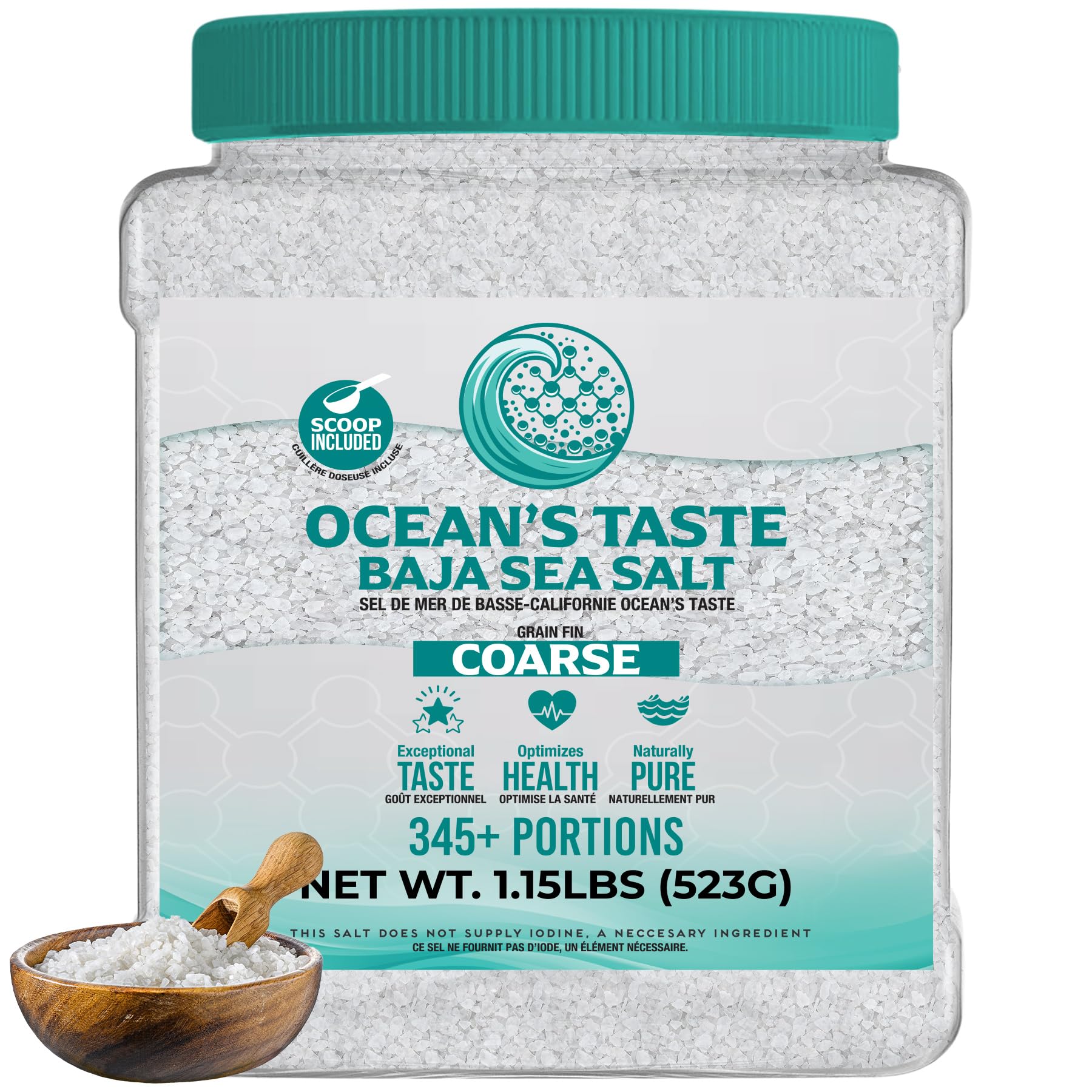 1.15 Pound Jar Ocean's Taste Baja Sea Salt, Coarse Natural Grain, 4X More Minerals than Celtic Salt, 30% Less Sodium, Mineral Salt Ideal for