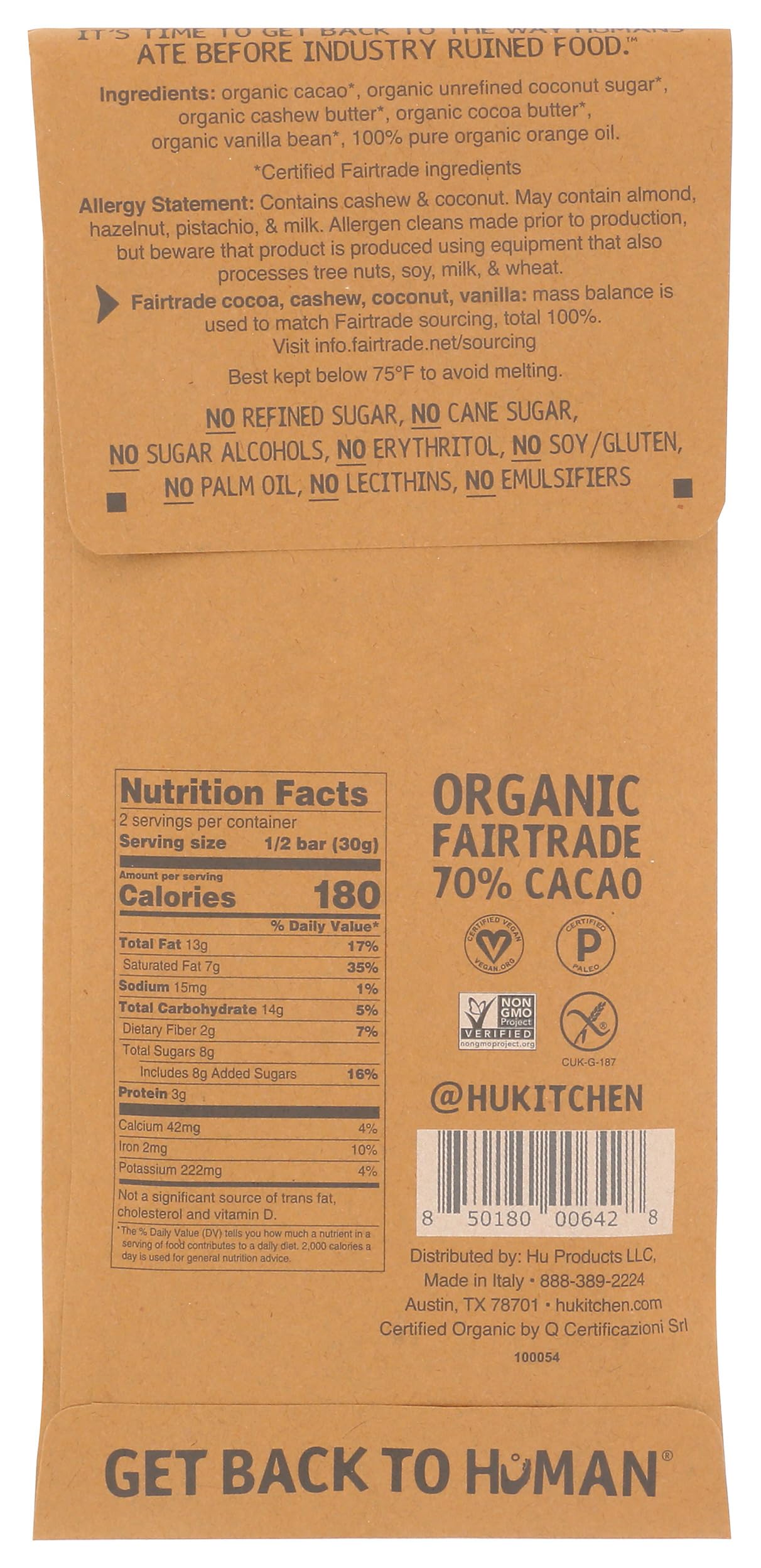 Hu Kitchen Organic Cashew Butter Orange Vanilla Dark Chocolate Bar, 2.1 OZ