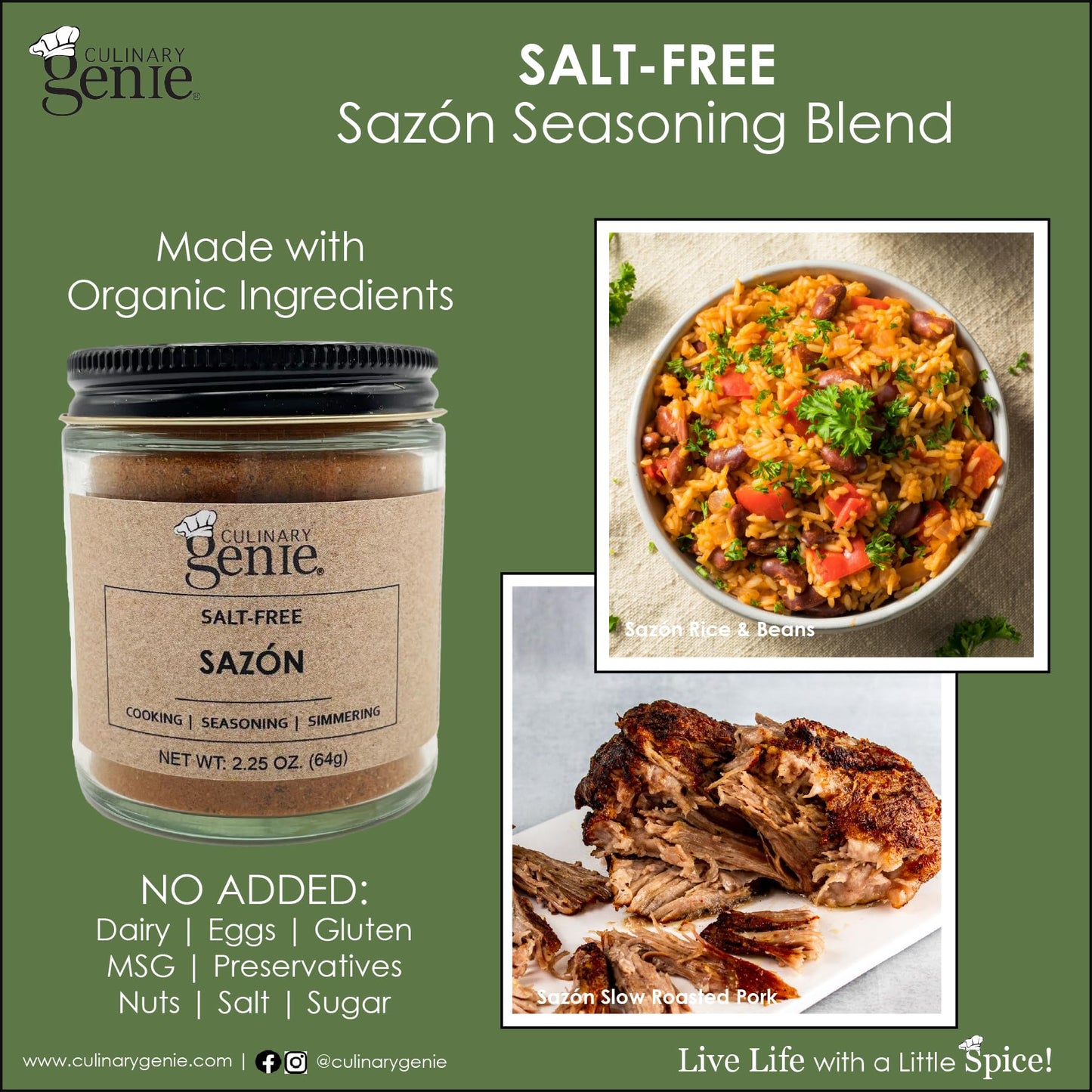Culinary Genie Salt-Free Sazón Seasoning Blend - Organic Latin Spice Mix with Annatto, Garlic & Cumin, No Salt Added, No MSG