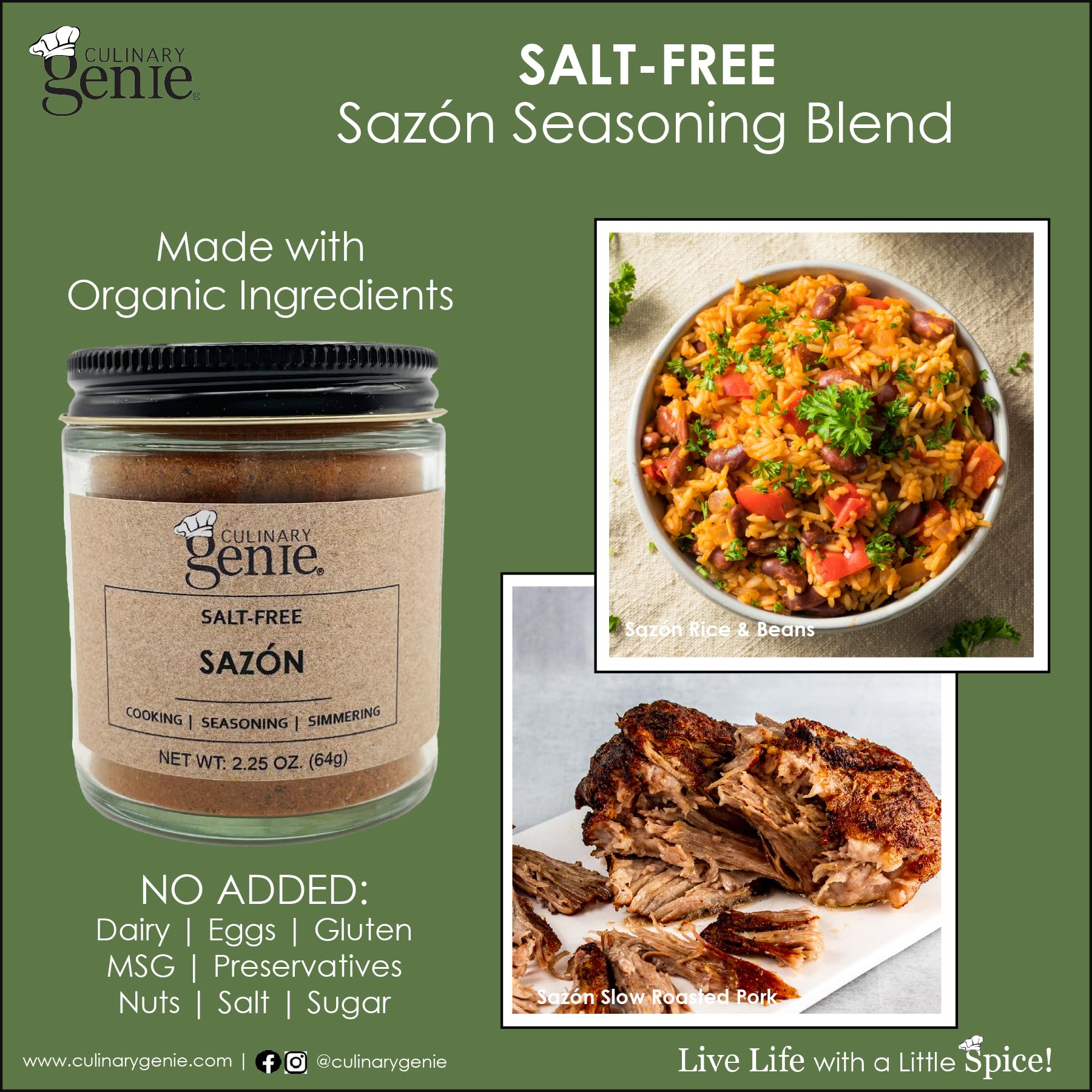 Culinary Genie Salt-Free Sazón Seasoning Blend - Organic Latin Spice Mix with Annatto, Garlic & Cumin, No Salt Added, No MSG