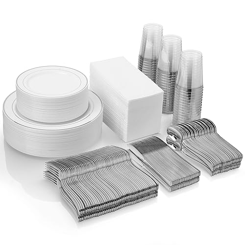 Silver Disposable Plates Set For 50 Guest - 450 Piece Silver Plastic Dinnerware Set - 100 Silver Rimmed Plastic Plates, 50 Silver Rimmed Plastic Cups