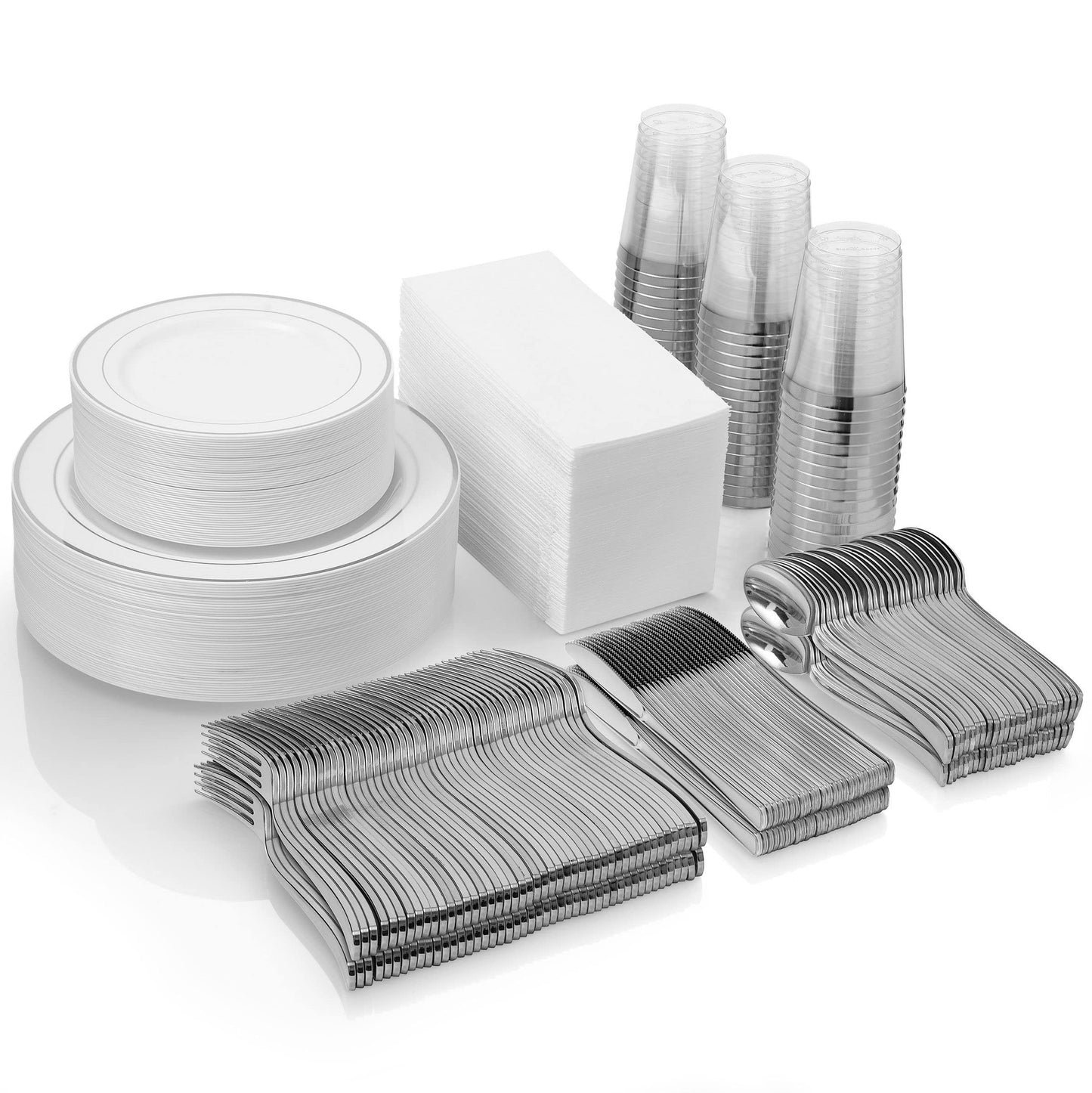 Silver Disposable Plates Set For 50 Guest - 450 Piece Silver Plastic Dinnerware Set - 100 Silver Rimmed Plastic Plates, 50 Silver Rimmed Plastic Cups