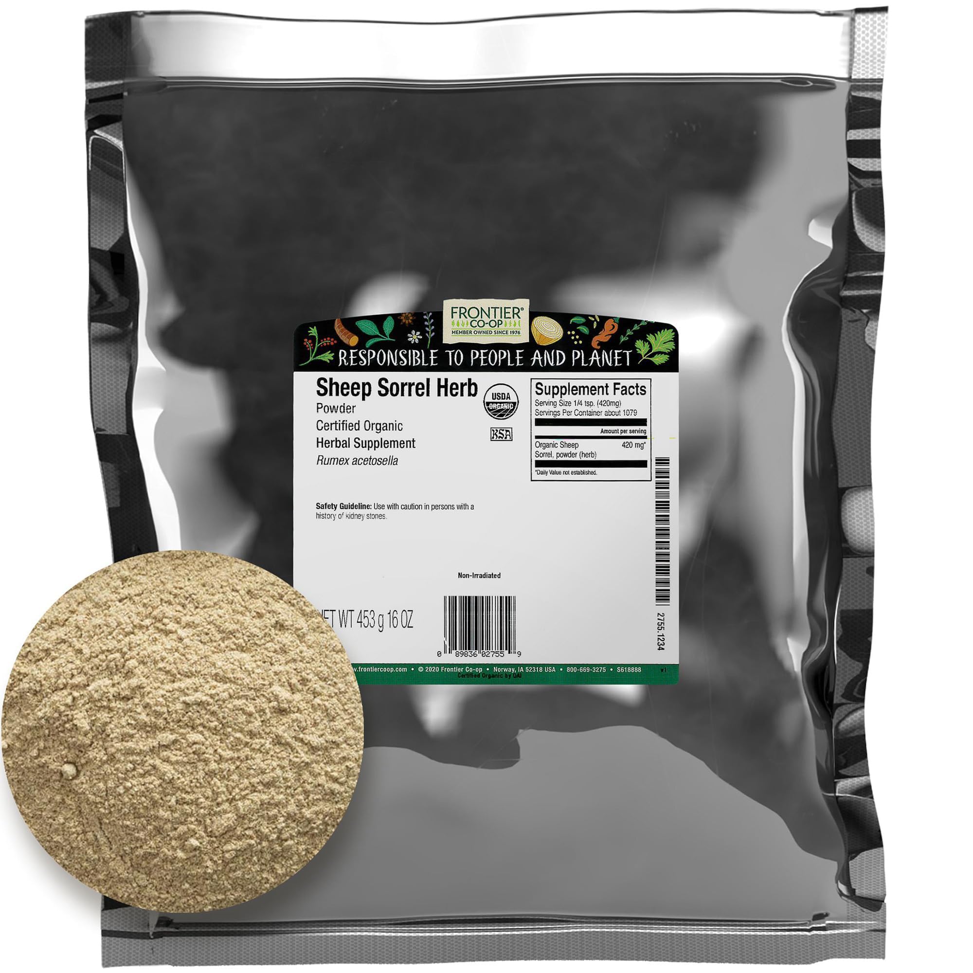 Frontier Co-op Organic Sheep Sorrel Powder, 1lb Bulk Bag - Natural Herbal Powder with Sharp, Tangy Flavor for Herbal Teas and Essiac Blends, Kosher