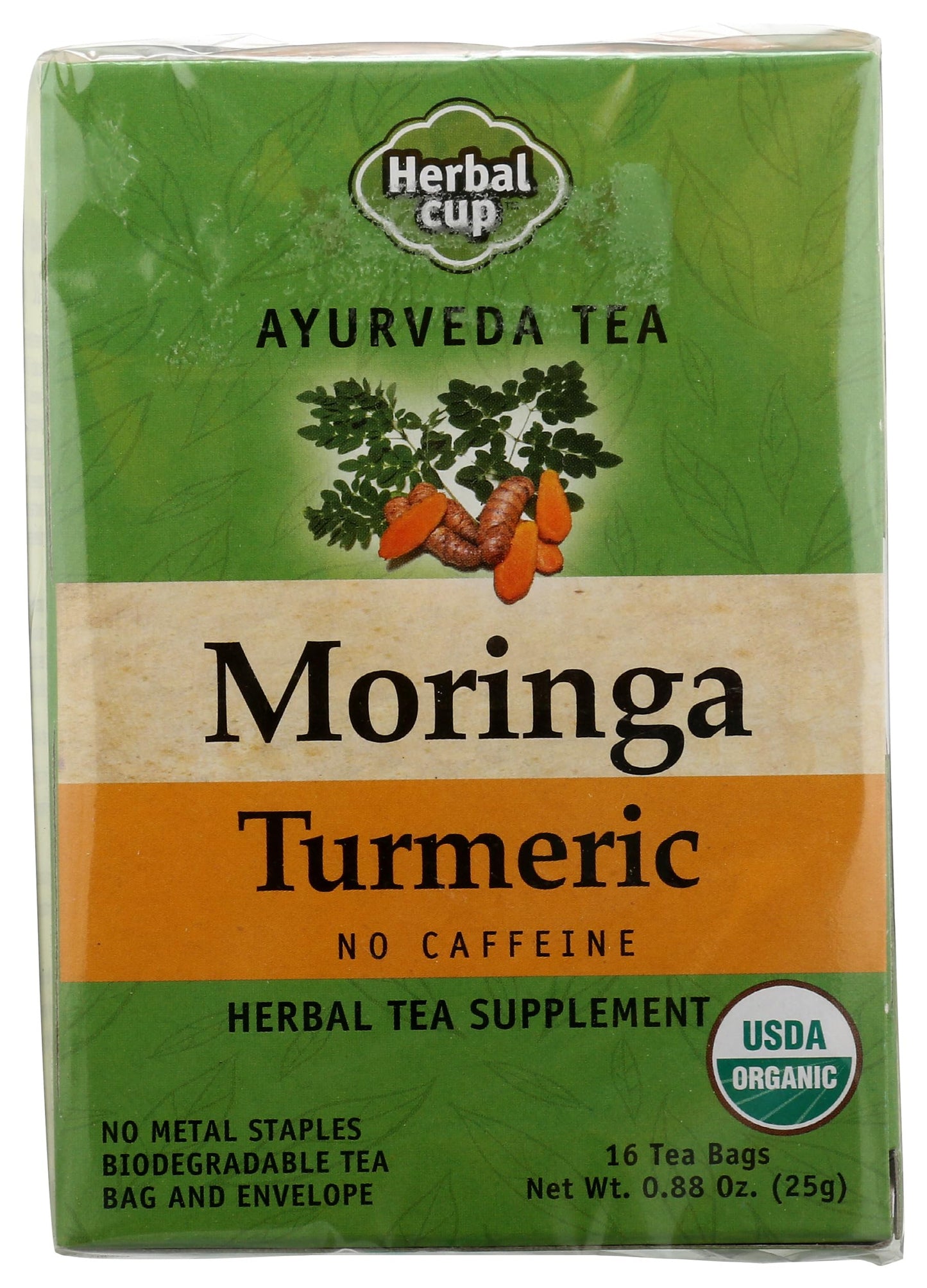 Herbal Cup Ayurveda Moringa Tea, Organic Turmeric, No Caffeine Herbal Teas (16 Count, Pack of 1)