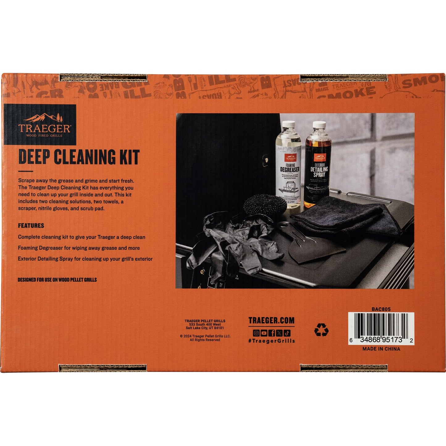 Traeger Grills Deep Cleaning Kit - Exterior Detailing Spray (16oz), Foaming Degreaser (16oz), Grill Scraper & Pad, Microfiber Towels, Nitrile Gloves