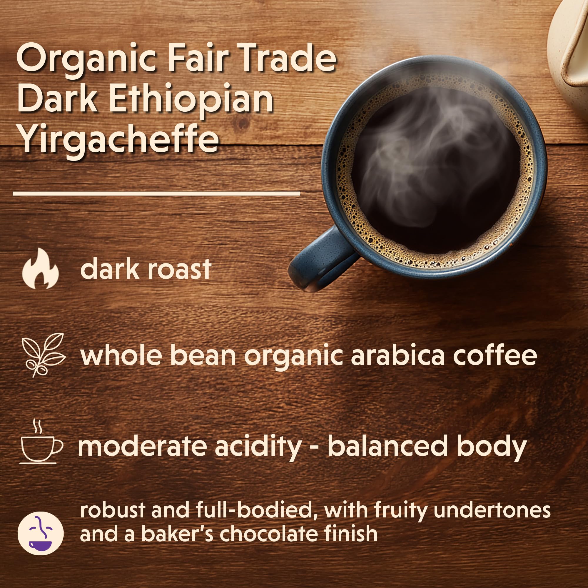 Coffee Bean Direct Organic Fair Trade Dark Ethiopian Yirgacheffe, Whole Bean Coffee, Arabica Coffee Dark Roast, 1 Pound Bag (Pack of 1)