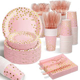 AIRE 175PCS Pink Rose Gold Plates Party Supplies Severs 25 Guests Disposable Party Decorations, Plastic Forks Knives Spoons, Golden Dot Paper Plates