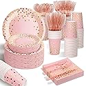 AIRE 175PCS Pink Rose Gold Plates Party Supplies Severs 25 Guests Disposable Party Decorations, Plastic Forks Knives Spoons, Golden Dot Paper Plates