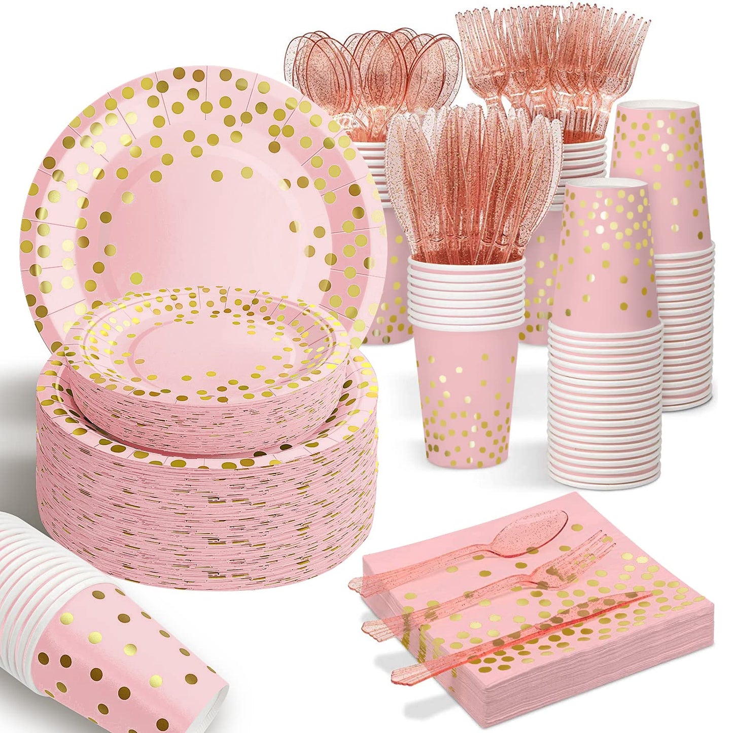 AIRE 175PCS Pink Rose Gold Plates Party Supplies Severs 25 Guests Disposable Party Decorations, Plastic Forks Knives Spoons, Golden Dot Paper Plates