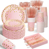 AIRE 175PCS Pink Rose Gold Plates Party Supplies Severs 25 Guests Disposable Party Decorations, Plastic Forks Knives Spoons, Golden Dot Paper Plates