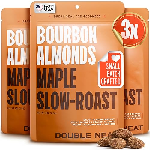 Double Neat Maple Bourbon Almonds - Healthy Fathers Day Snacks Gift - Bourbon Snacks for Men - Vegan & Gluten-Free - Slow-Roasted Candied Almonds