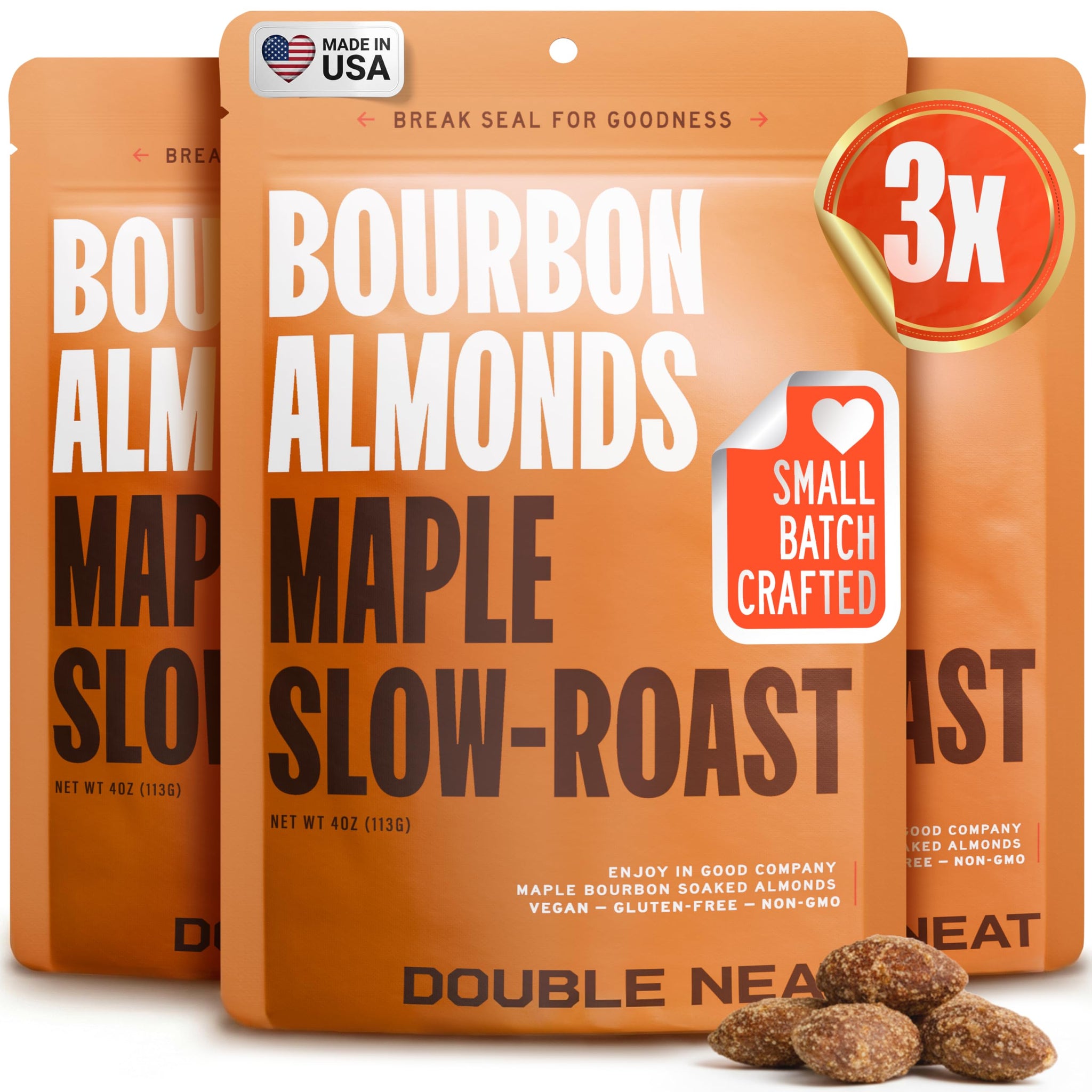Double Neat Maple Bourbon Almonds - Healthy Fathers Day Snacks Gift - Bourbon Snacks for Men - Vegan & Gluten-Free - Slow-Roasted Candied Almonds