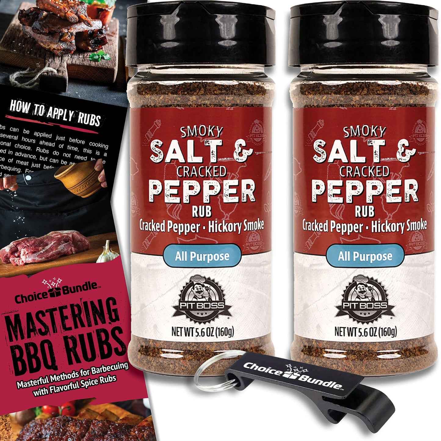 Pit Boss Smoky Salt & Cracked Pepper All Purpose AP Premium BBQ Barbecue Mixed Seasoning Spice & Rub 2 pk Choice Bundle (11.2 oz) + Guide & Keychain