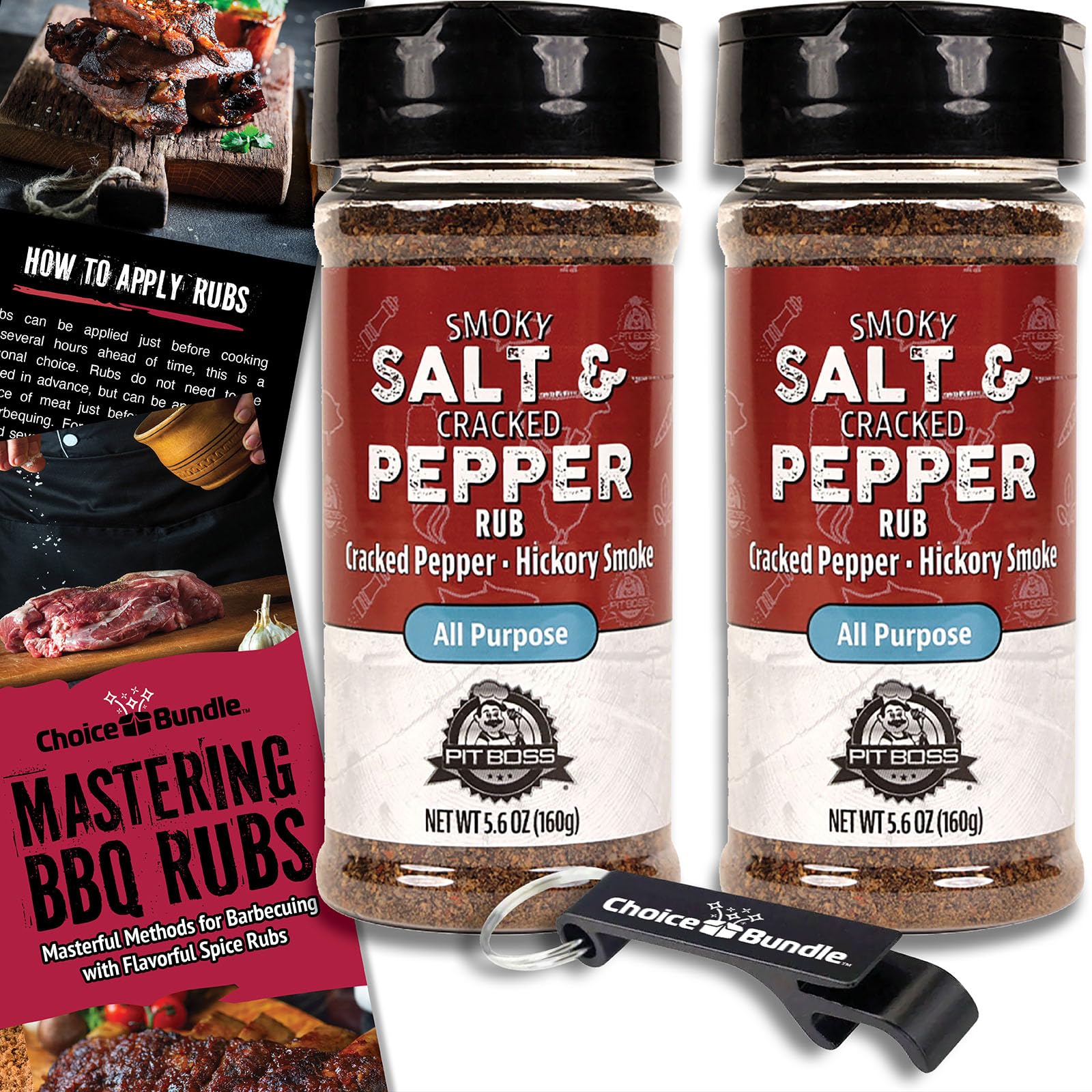 Pit Boss Smoky Salt & Cracked Pepper All Purpose AP Premium BBQ Barbecue Mixed Seasoning Spice & Rub 2 pk Choice Bundle (11.2 oz) + Guide & Keychain