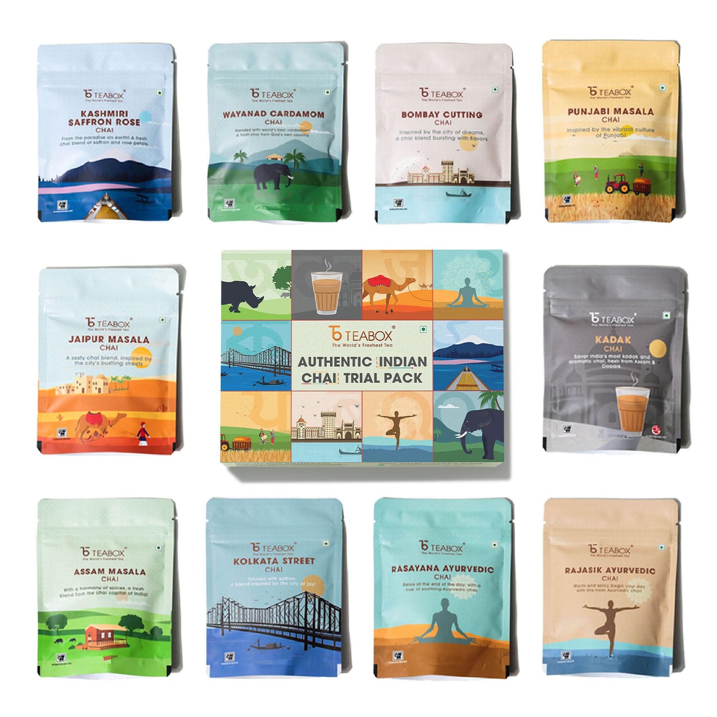 Teabox Premium Authentic Indian Spiced Chai Tea Assorted Pack (BOGO) | 10 Exotic Varieties of Chai X 60G Each | 600g/21.16oz | No Artificial Flavors |