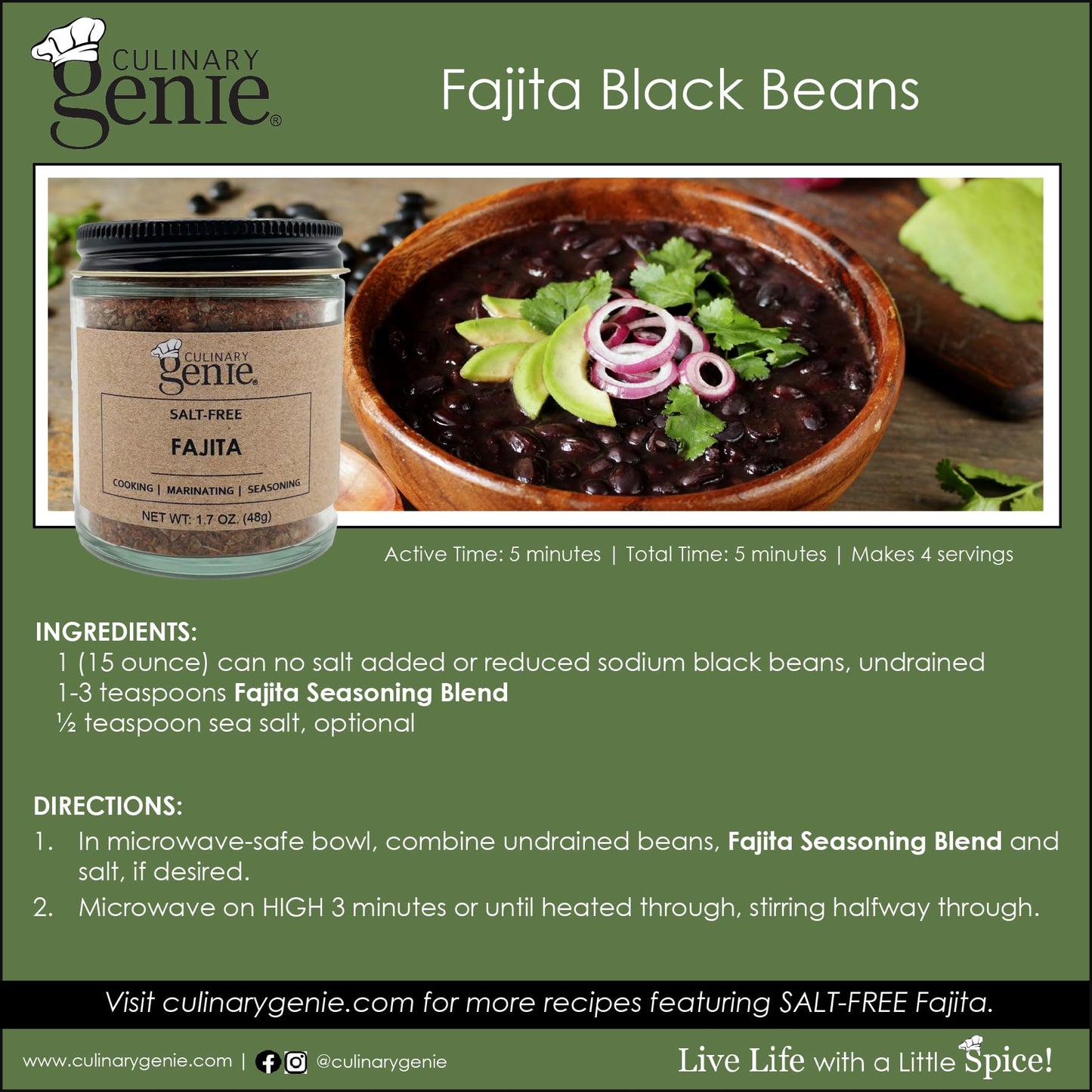 Culinary Genie Salt-Free Fajita Seasoning Blend - Classic Fajita Spice Mix, No Salt Added