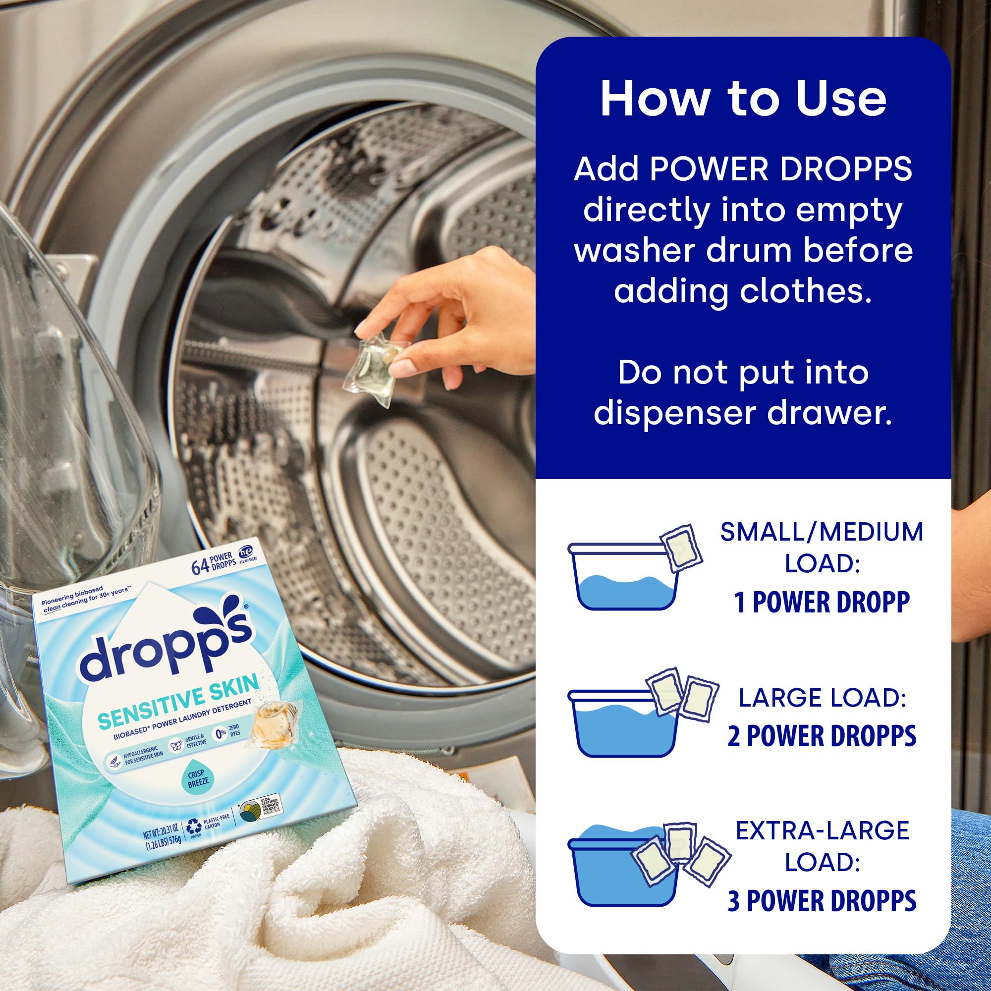 Dropps Sensitive Skin Laundry Detergent Pods, Crisp Breeze (64 Count) - Hypoallergenic & Dermatologist Tested | Dye Free | Laundry Pods for Sensitive
