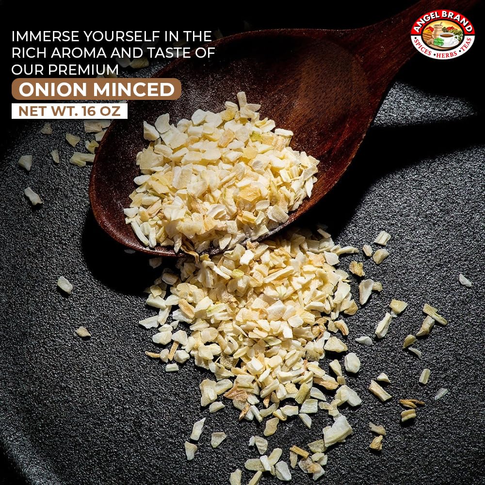 Angel Brand Minced Onion - 16 oz Bottle - Dehydrated Dried Onion Flakes, Perfect for Cooking, Seasoning, and Recipes.