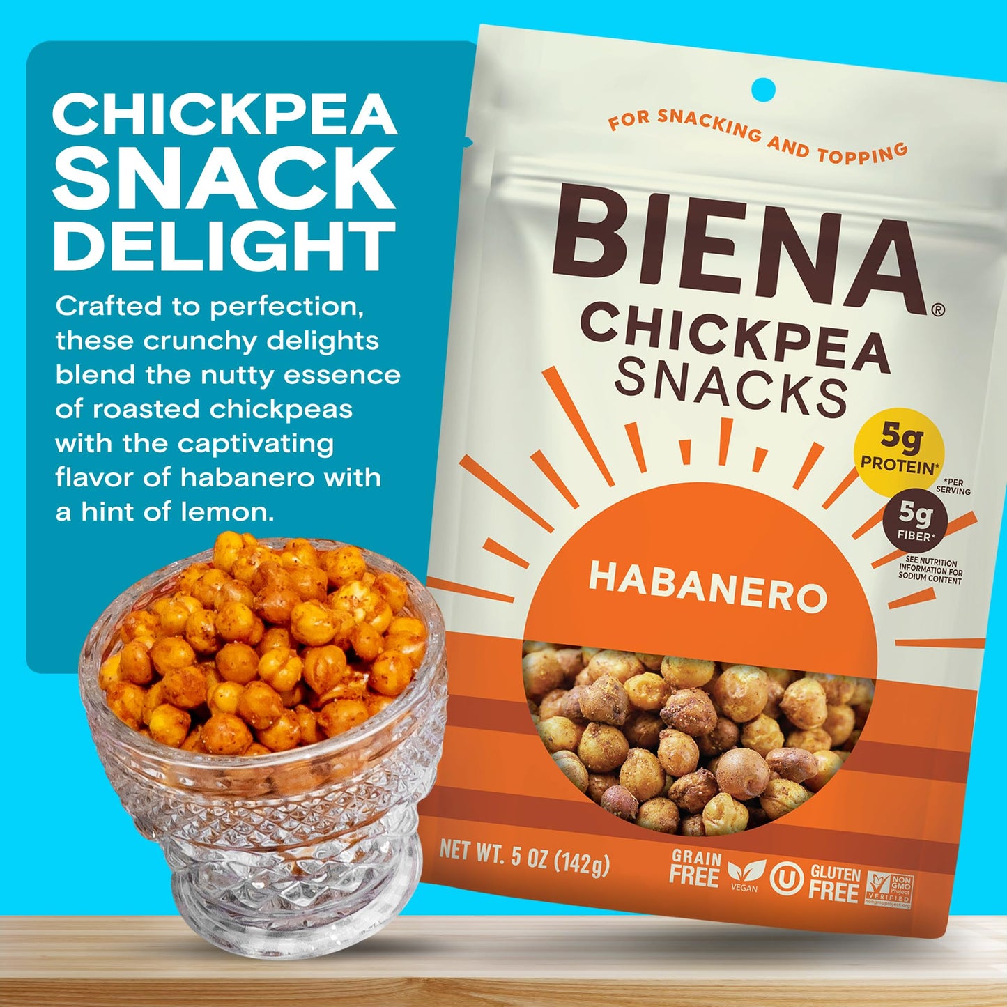 BIENA Chickpea Snacks - Crunchy Roasted Chickpeas - High Fiber Vegan Protein Snacks for Adults and Kids - 4-Pack, 5 Ounce - Habanero