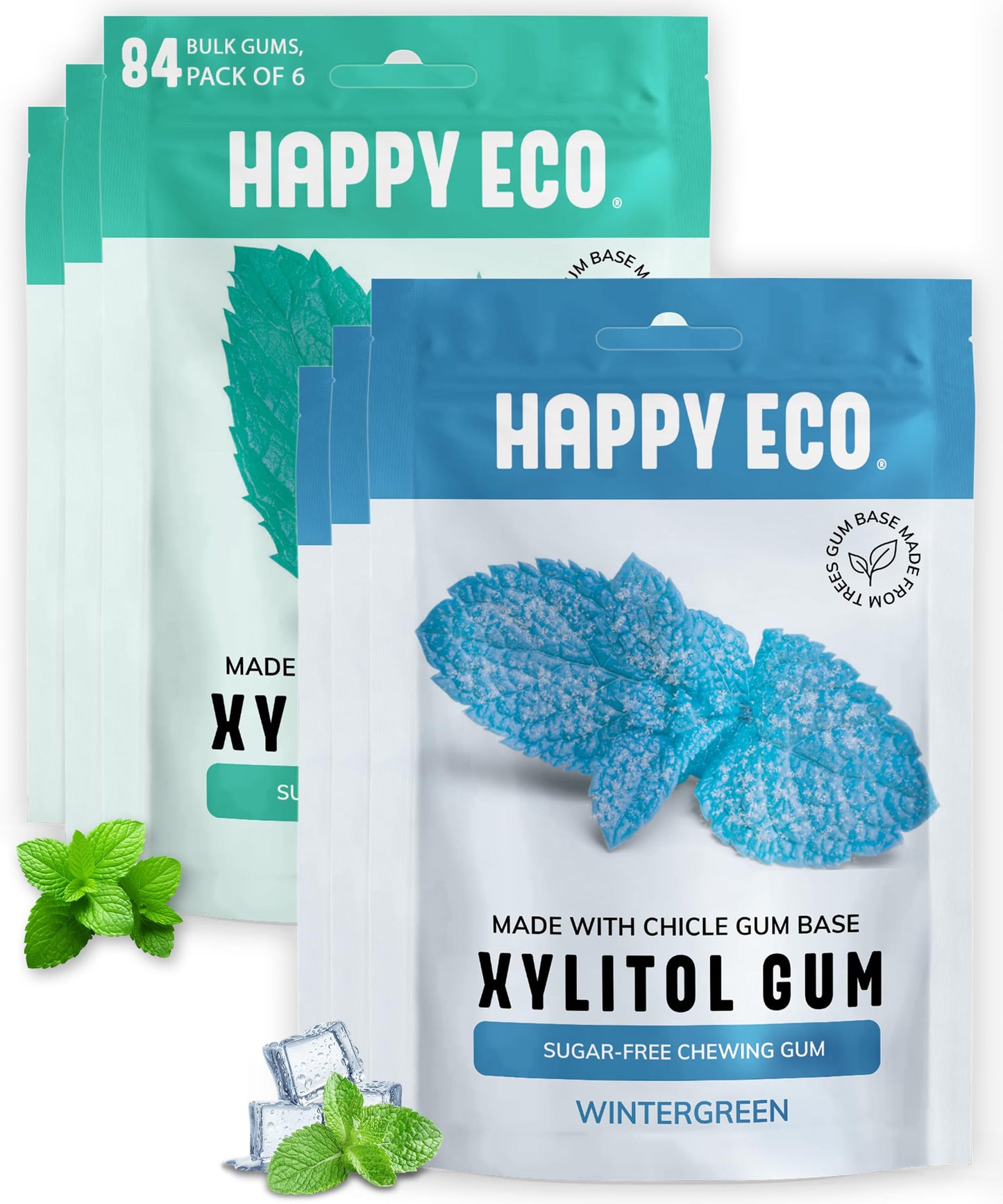 HAPPY ECO Sugar Free Natural Chewing Gum 6 Pack (84 Pieces) - Plastic Free, Xylitol Gum with Stevia - Aspartame Free - Vegan, Gluten Free Keto
