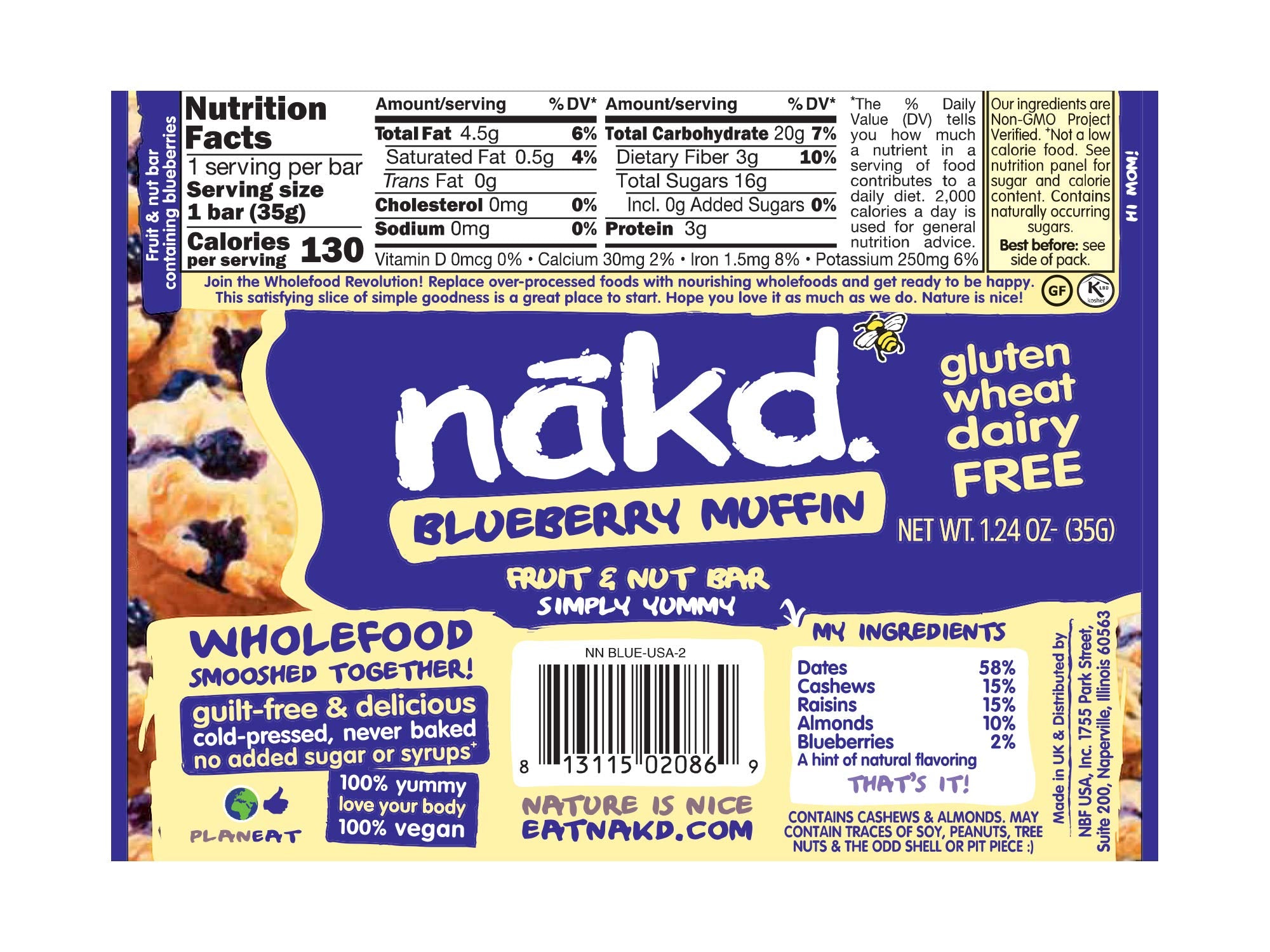 Nakd Bar, Blueberry Muffin Raw Fruit and Nuts, Gluten Free, Vegan, 18 Count18