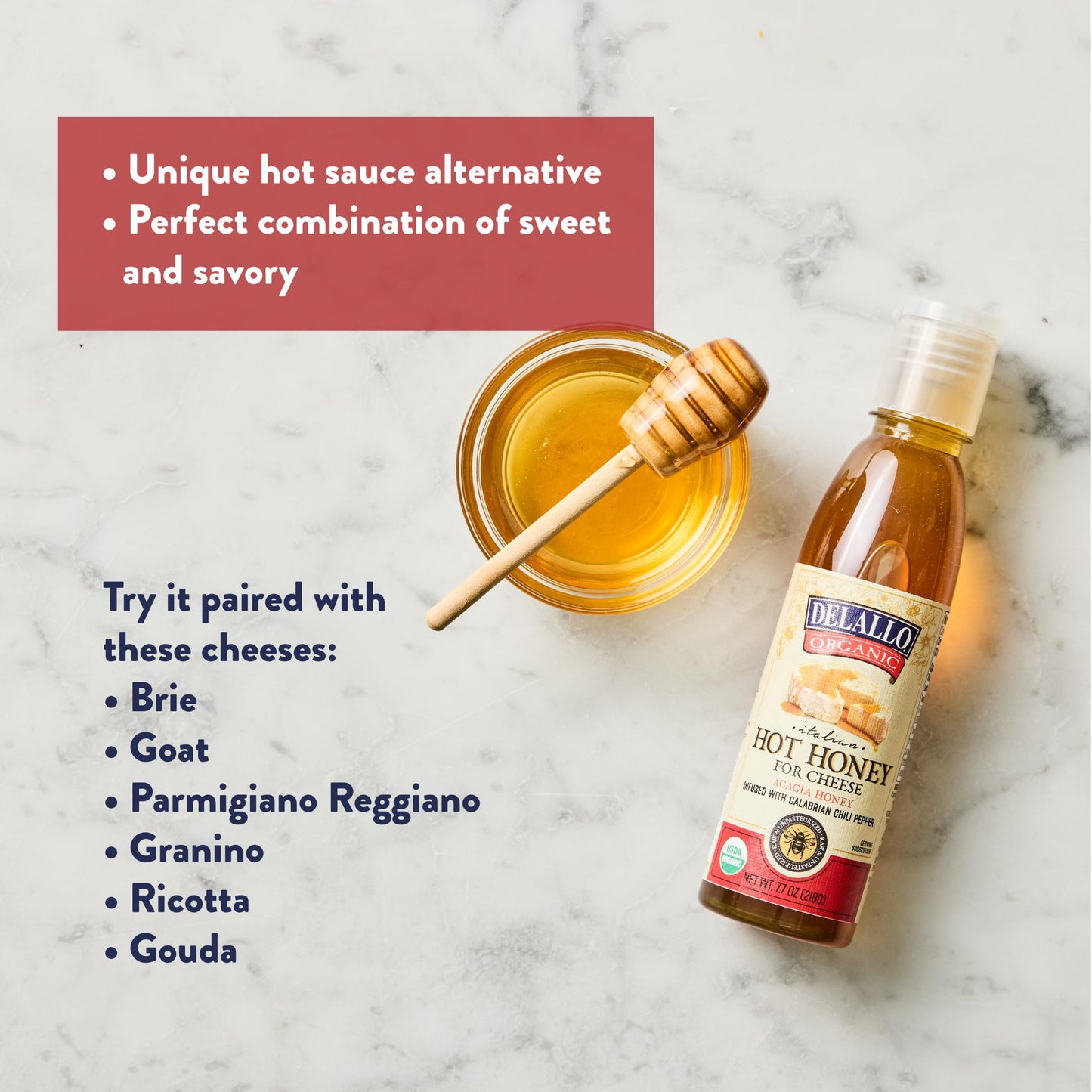 DeLallo Hot Honey, Made with 100% Organic Acacia Honey and Red Pepper, Sweet and Spicy Gourmet Condiment, Non-GMO, Gluten Free, Vegan, Kosher, 7.7 oz