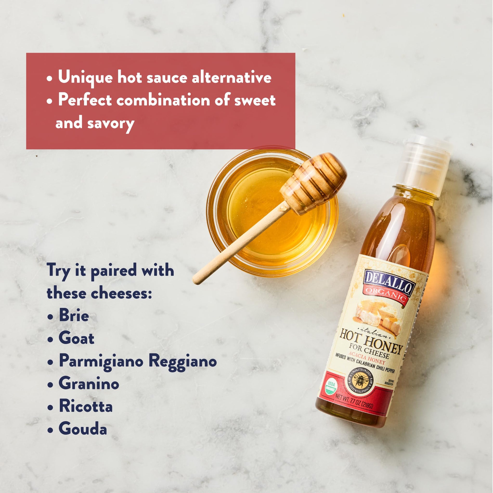 DeLallo Hot Honey, Made with 100% Organic Acacia Honey and Red Pepper, Sweet and Spicy Gourmet Condiment, Non-GMO, Gluten Free, Vegan, Kosher, 7.7 oz