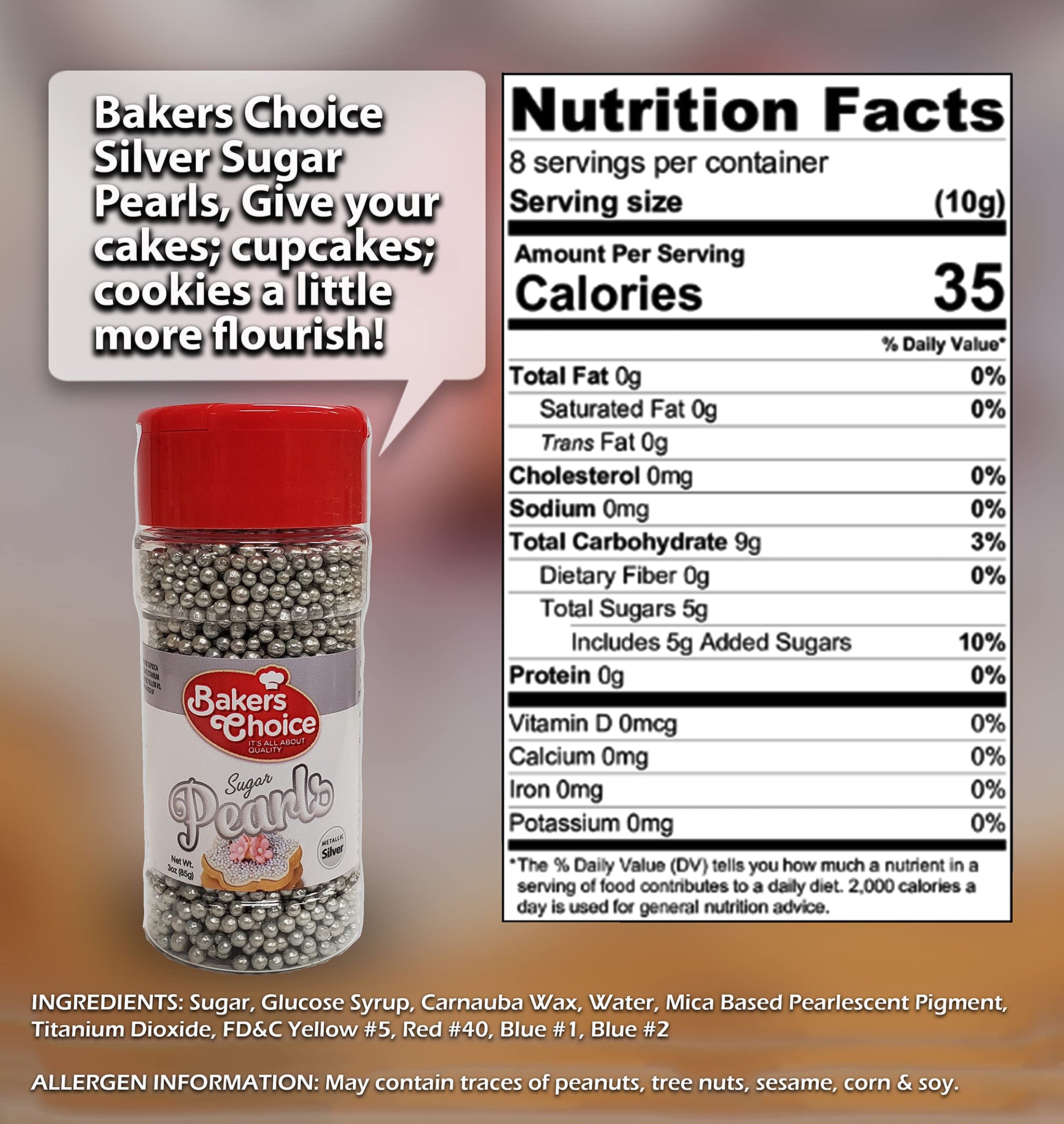 Baker's Choice Edible Pearls - Pearl Sprinkles - Metallic Silver Sugar Pearls - Dairy Free - Kosher - 3 oz.