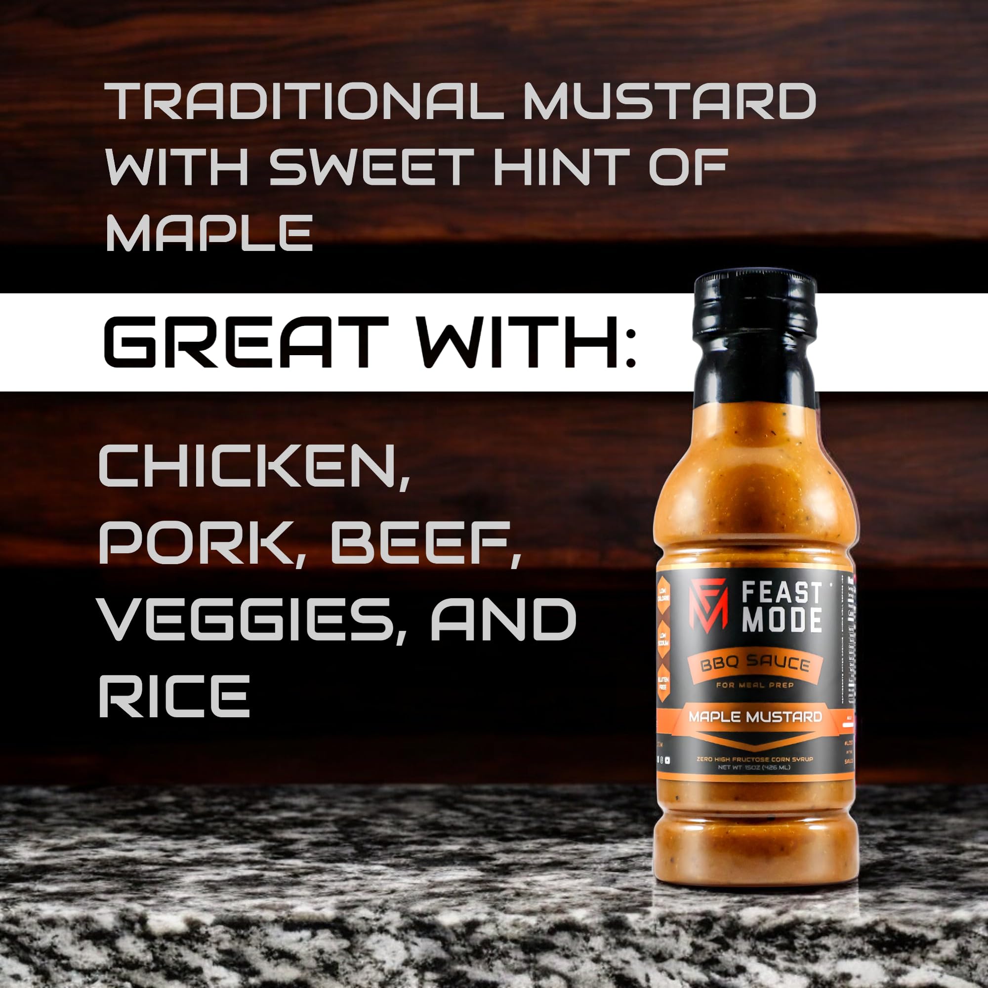 Maple Mustard BBQ Sauce by Feast Mode Flavors | Low Sodium | Low calorie | Guten Free | Vegan Friendly | Zero High Fructose Corn Syrup | Healthy