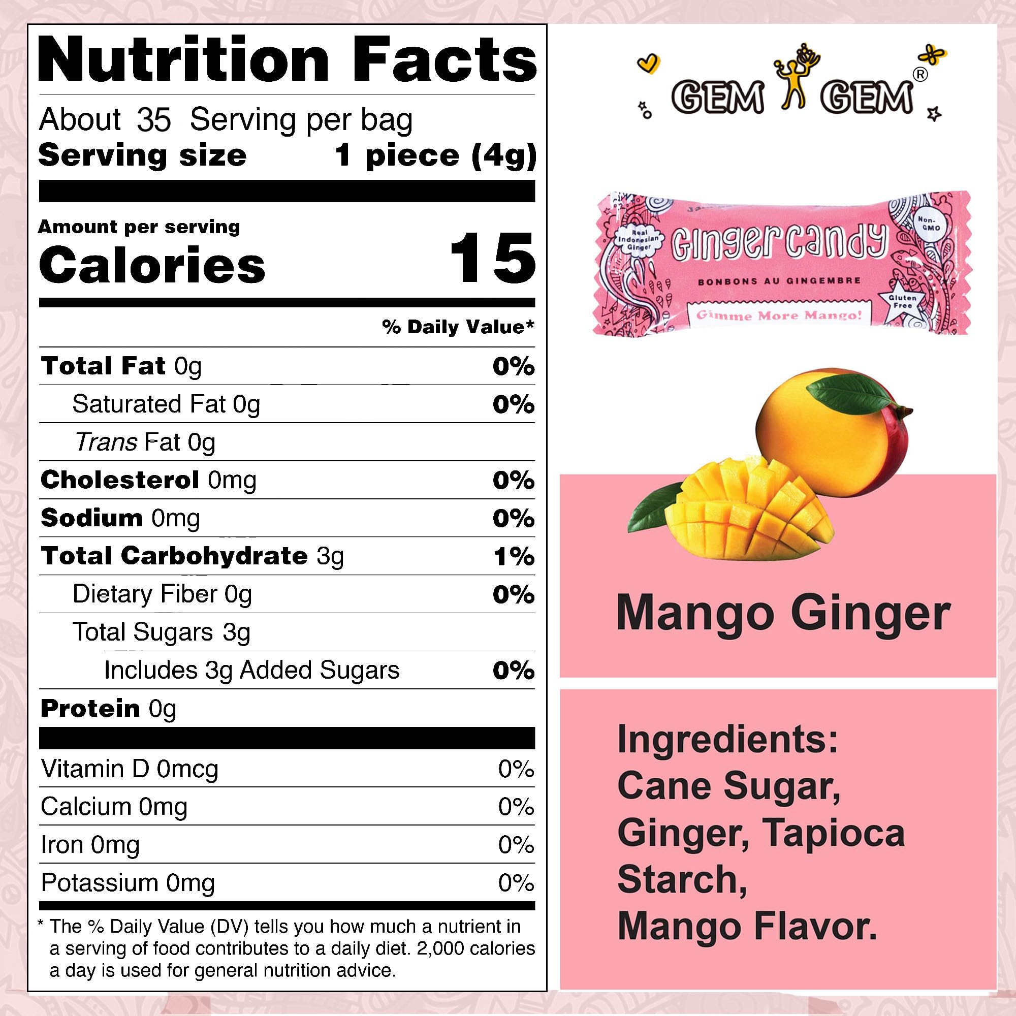 Gem Gem Ginger Candy Chewy Ginger Chews (Mango, 5.0 oz, Pack of 3)