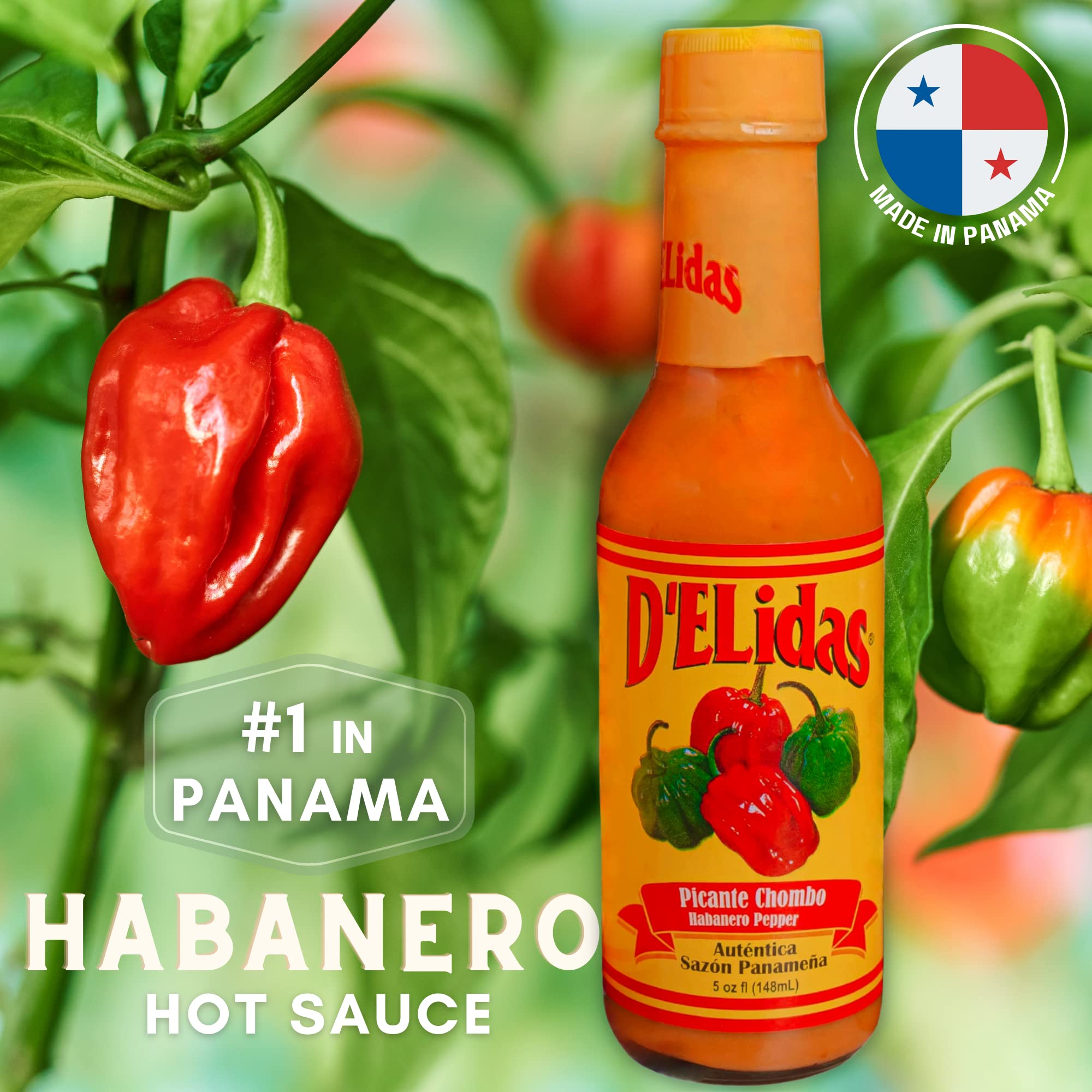 D'ELidas Habanero Hot Sauce, Natural Habanero Pepper Hot Sauce, Chombo Picante Sauce #1 in Panama, Non-GMO, Keto Friendly Food Habanero Sauce, 5 Fl Oz