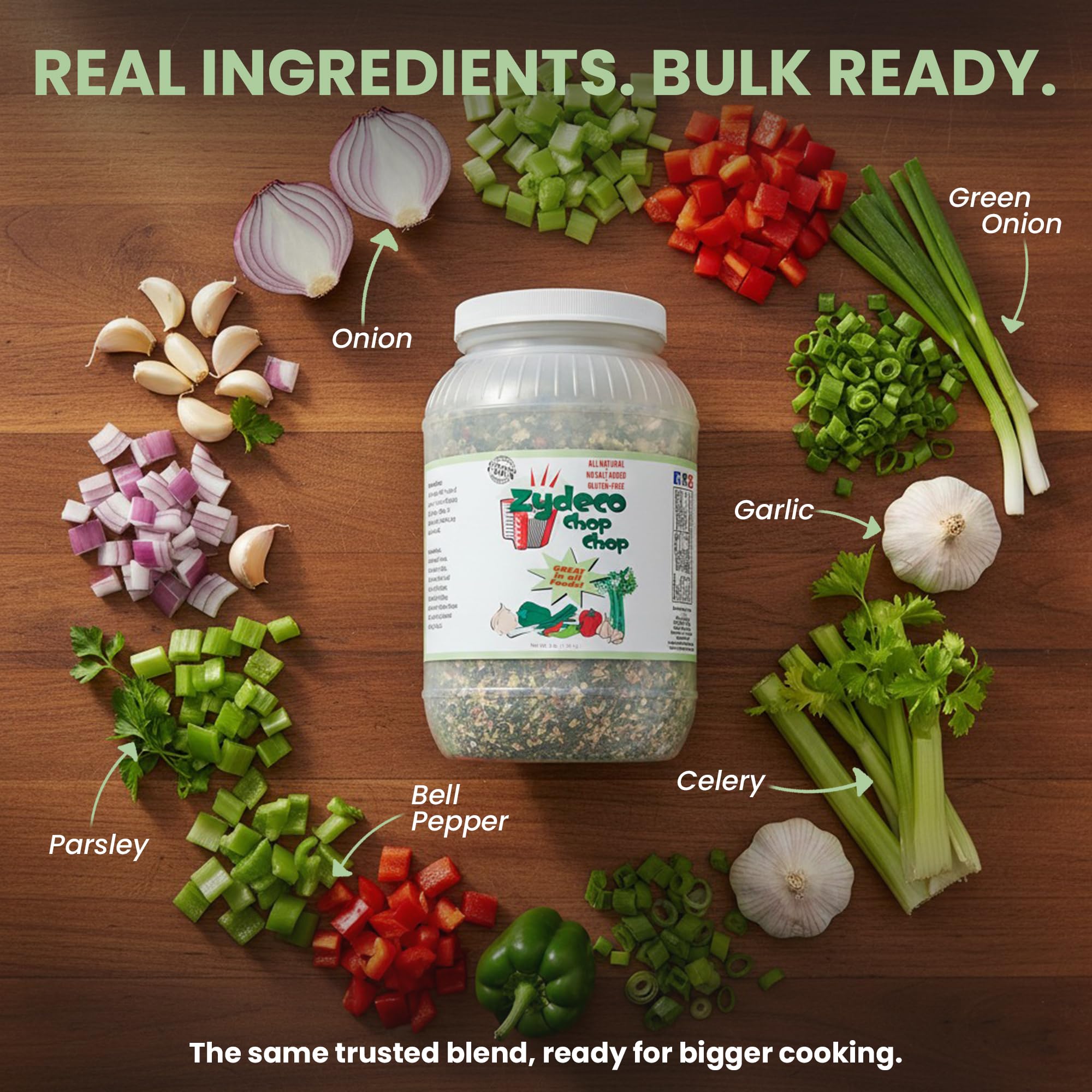 Zydeco Chop Chop Cajun Trinity Seasoning Bulk 3 lb Jar - Dehydrated Onion, Bell Pepper, Garlic & Celery - Salt Free, Gluten Free Vegetable Seasoning