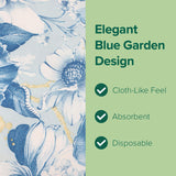 SimuLinen Blue Garden Floral Disposable Hand Towels for Bathroom, Single-Use Linen-Feel Guest Towels, Hand Tissue Paper, Cloth-Like Paper Napkins