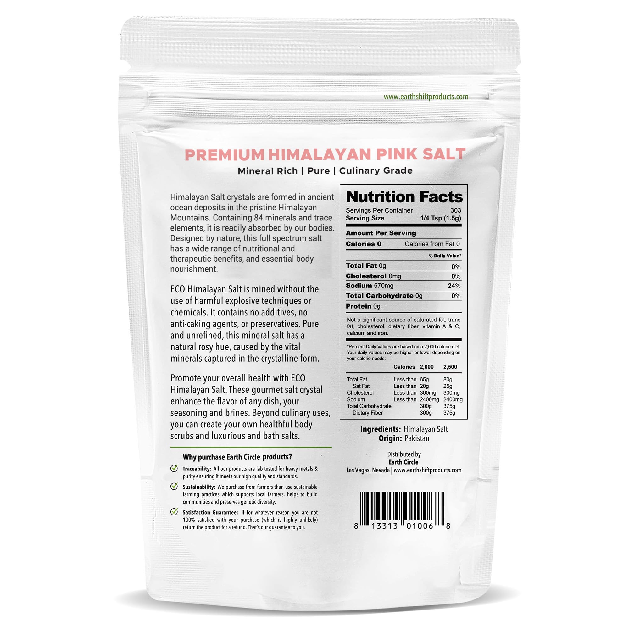 Earth Circle Premium Himalayan Unrefined Pink Fine Grain Salt, Pure Culinary Grade - Kosher, Nutrient and Mineral Dense, 1 Pound (Pack of 6)