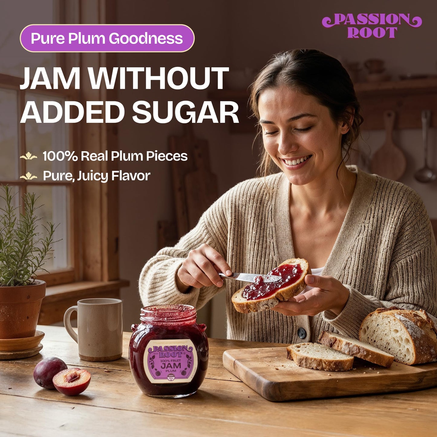 Passion Root Plum Jam | All Natural Plum Preserves with Real Fruit | No Added Sugar, No Preservatives, Non GMO, Gluten Free, Kosher Certified | Fruit