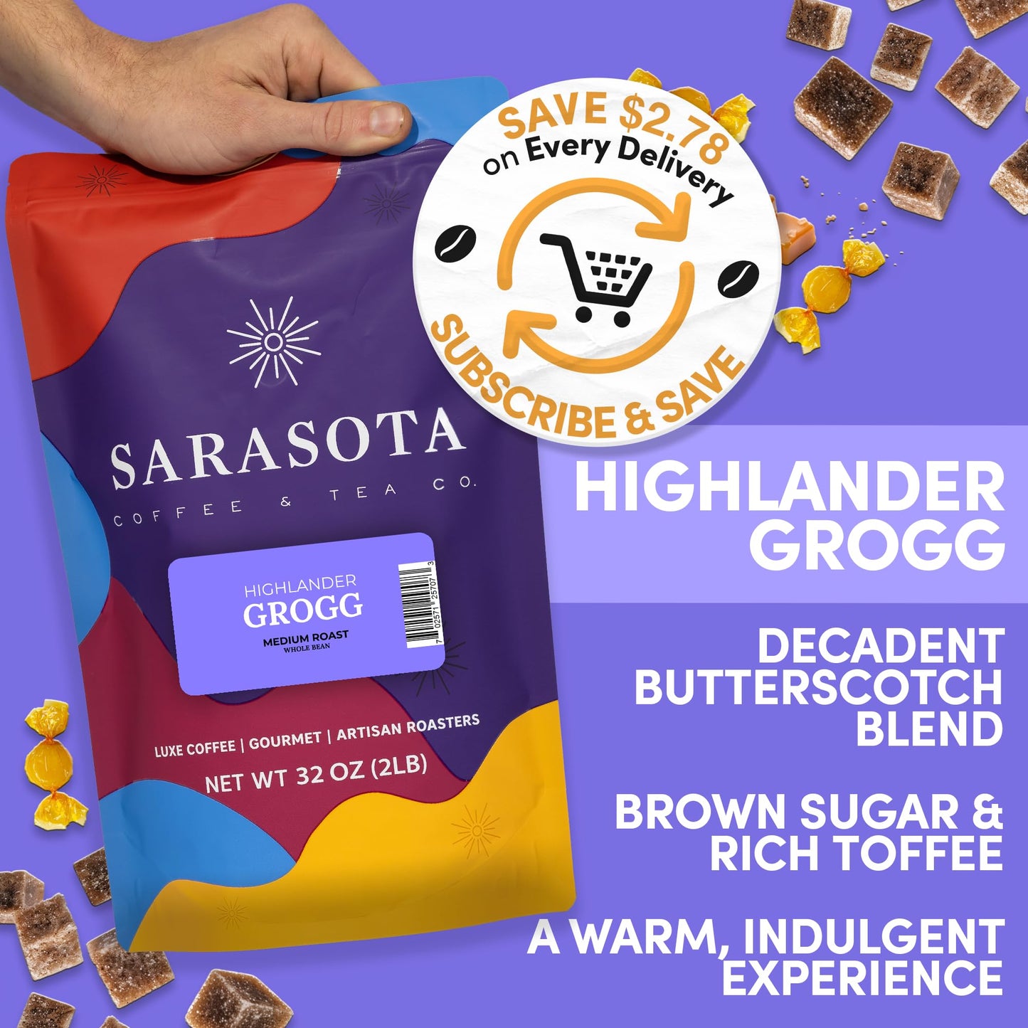 2 lb Highlander Grogg Whole Bean Coffee | Butterscotch Caramel Vanilla Flavored Coffee Beans | Bulk Medium Roast Flavored | Specialty Grade | 32 oz