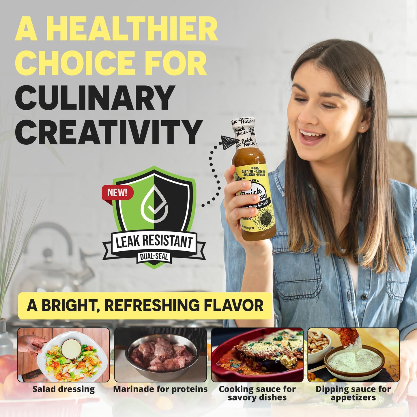 Brick House Sunny Honey Balsamic Vinaigrette Dressing & Marinade, 12oz - Low-Sodium, Low-Carb, Dairy-Free, Gluten-Free, Non-GMO, Balsamic Vinaigrette