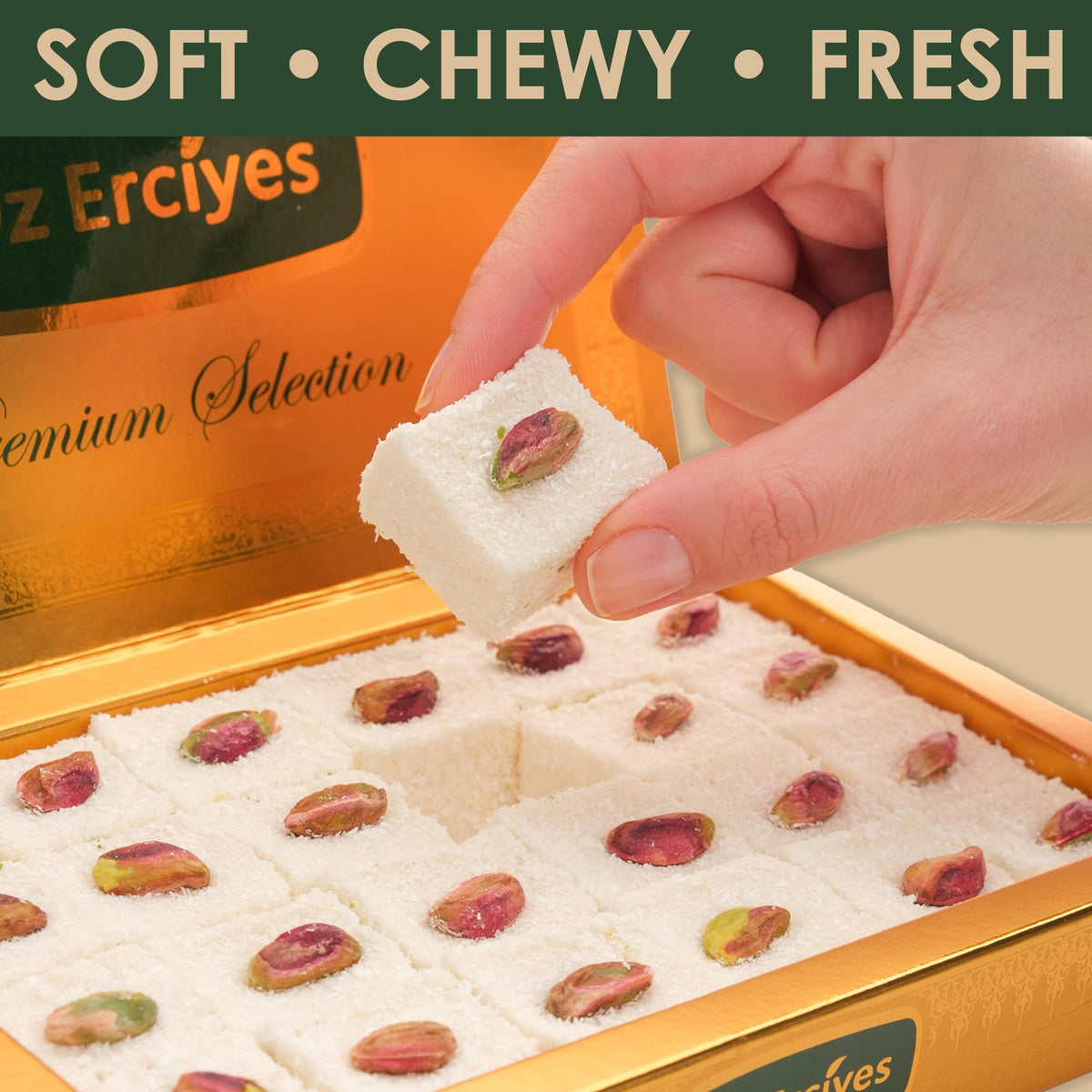 Pistachio Sultana Turkish Delight - Soft Lokum Candy with Nut Center, Traditional Turkish Sweets Gift Box, Delicias Turcas, 17.6 oz (500g)