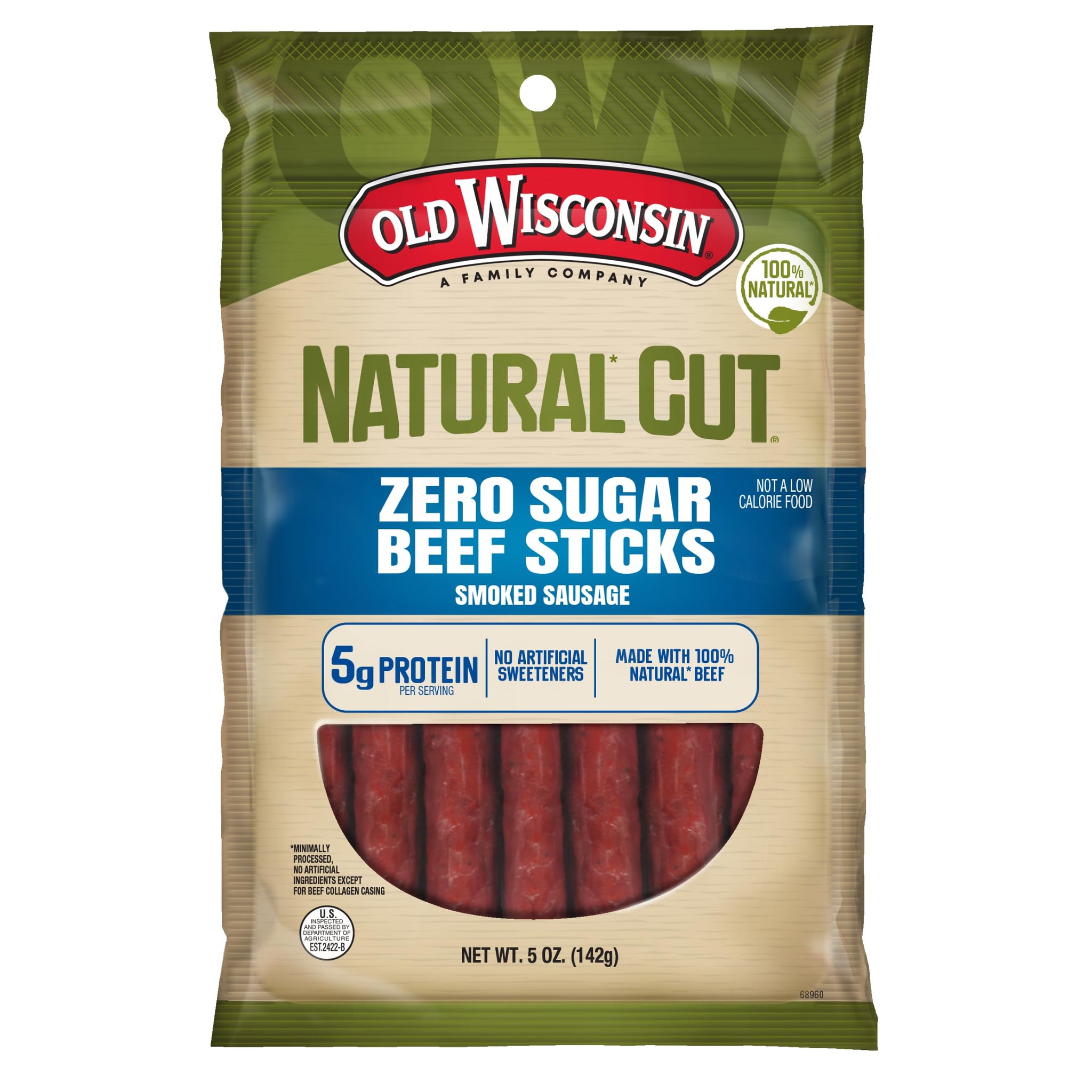 Old Wisconsin Natural Cut Beef Sausage Snack Sticks, Zero Sugar, Naturally Smoked, Ready to Eat, High Protein, Low Carb, Keto, Gluten Free, No